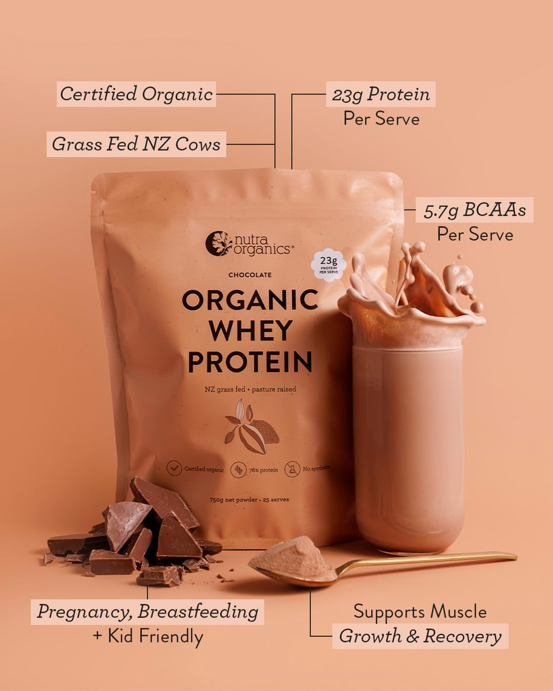 Nutra Organics Organic Whey Protein Chocolate 750G | Certified Organic | New Zealand Grass Fed & Pasture Raised (25 Serves) image number 1
