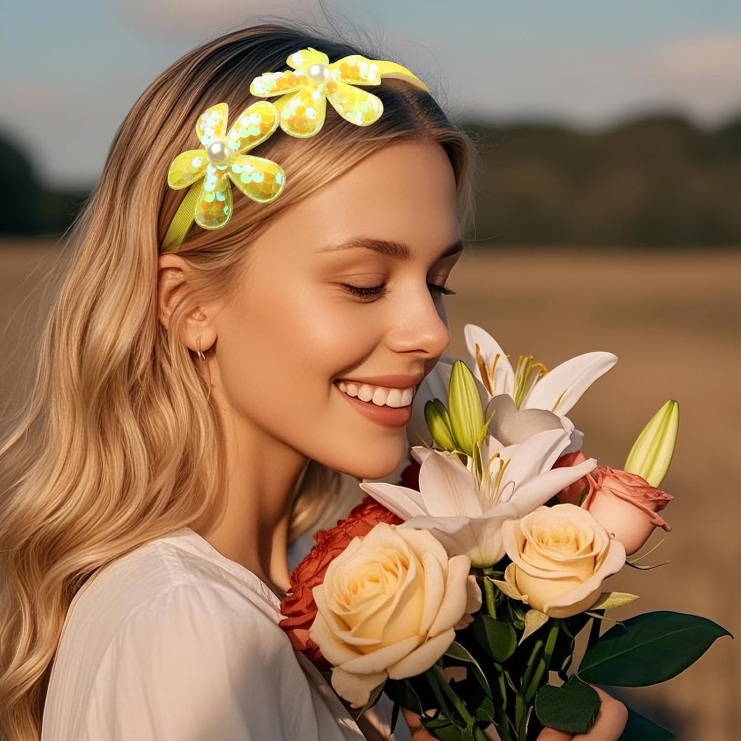 Yellow Flower Headband,Spring Summer Hairband for Women,Yellow Glitter Floral Hair Hoop,Non-Slip Headpiece Hair Accessories for Birthday (Yellow, One Size) image number 2