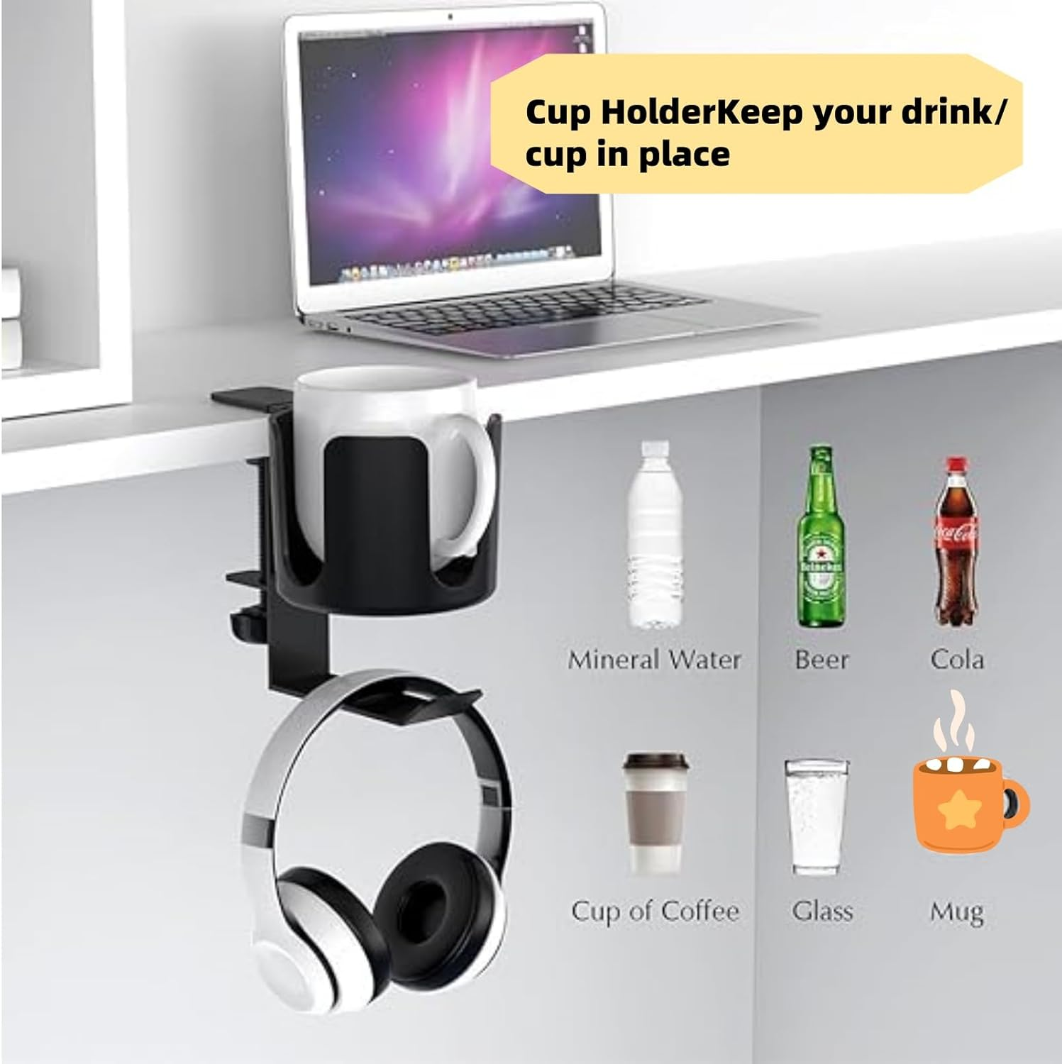 2 in 1 Desk Cup Holder with Headphone Hanger Holder,Adjustable Anti-Spill Tumbler Holder,For Desk or Table Clip on Tumbler Holder Nonslip Tableside Cup Holder,For Coffee Water Cups Headphone image number 1