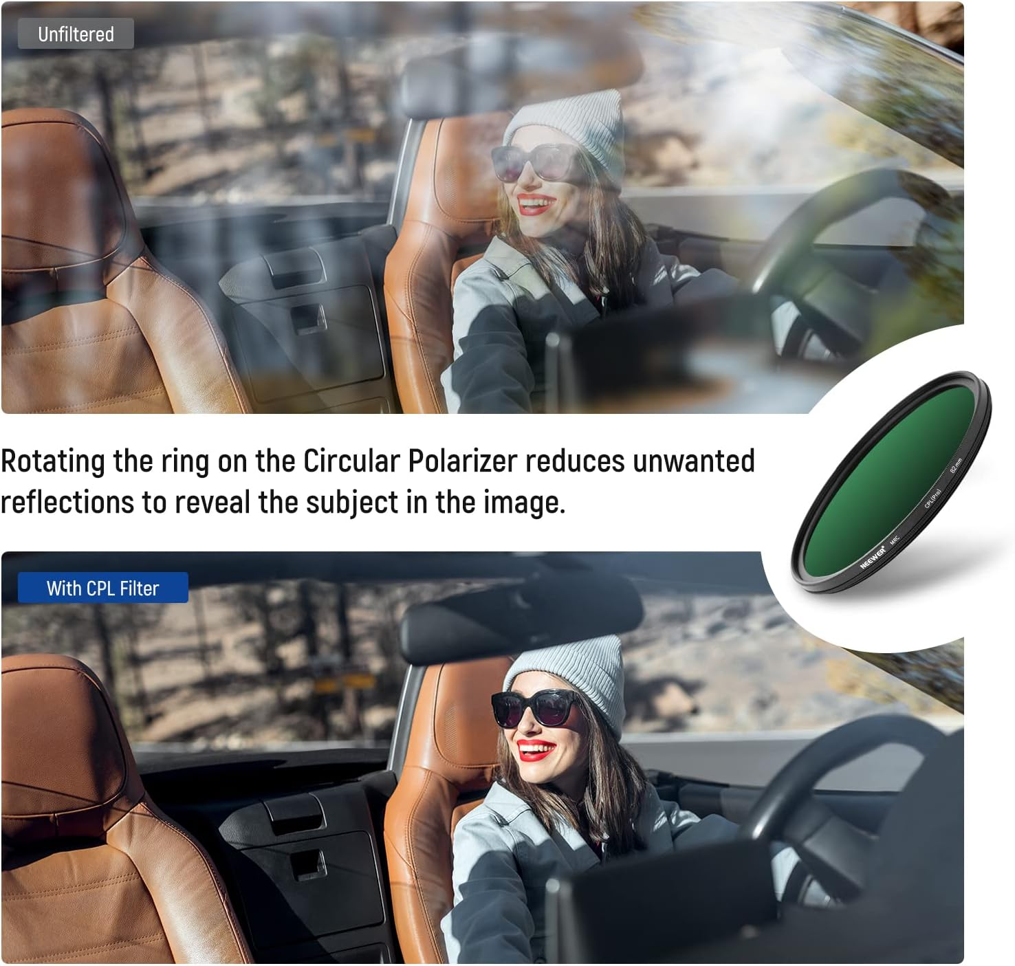 Neewer 82Mm Polarizing Filter 30 Layer Multi Resistant Nano Coatings Circular Polarising Filter(Cpl) Reduce Glare/Enhance Contrast/Ultra Slim/Reduces Reflection/Hd Optical Glass Polarizer Filter image number 5