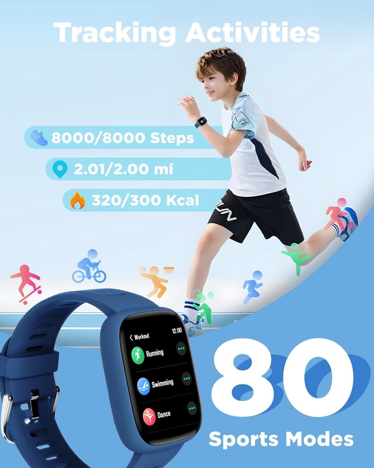 BIGGERFIVE Smart Watch for Kids, 1.8" Fitness Tracker Watch Pedometer, IP68 Waterproof, Sleep Monitor, Calorie Step Counter, 5 Puzzle Games With/Without APP for Girls Boys Teens 5-16 - Blue image number 6