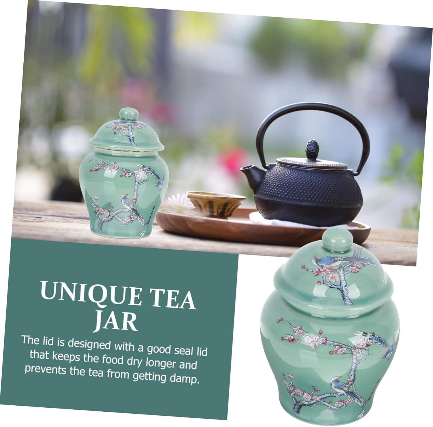 Mikinona Chinese Style Ceramic Tea Jar Small Sealed Loose Tea Container Oriental Food Canister for Home Kitchen Storage image number 3