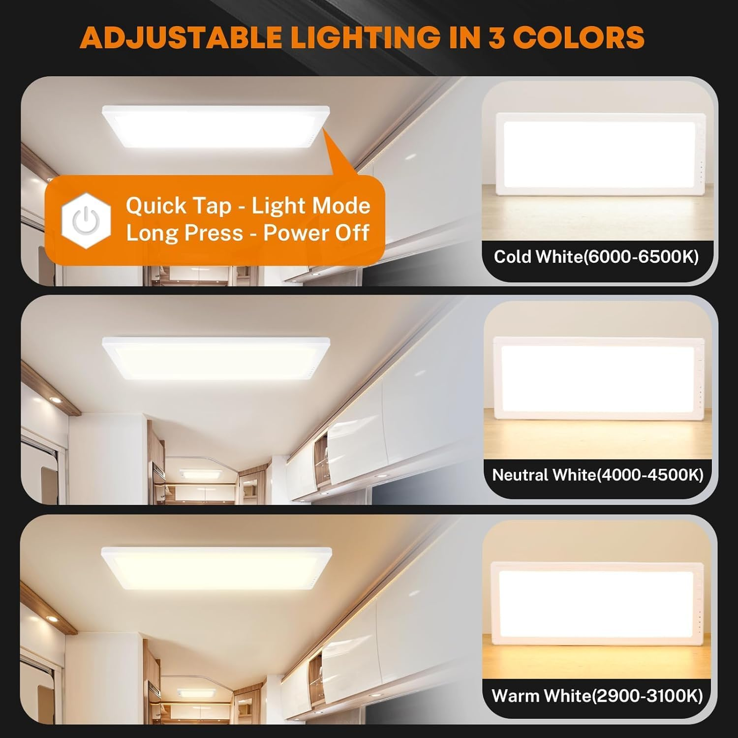 12V/24 RV Lights Interior,156Leds 15W 1500LM 3 Color Dimmable Super Bright LED Ceiling Dome Light Panel Light for Caravan Camper Travel Trailer Motorhome Sailboat Yacht image number 6