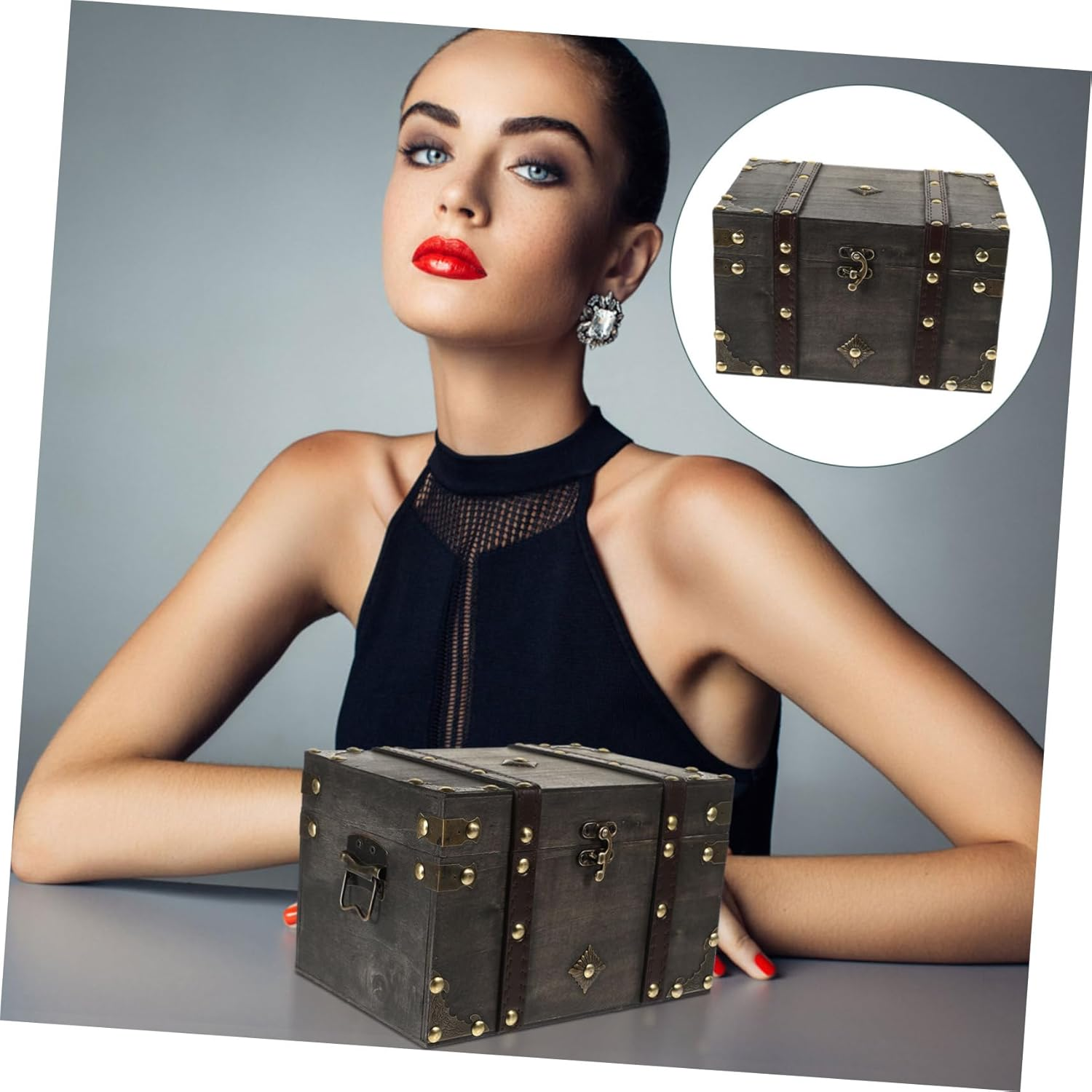 Cabilock Wooden Pirate Treasure Chest Large Gray Multi-Functional Storage Box Lock Jewelry Document Organizer Decorative Wood Treasure Box for Home and Office