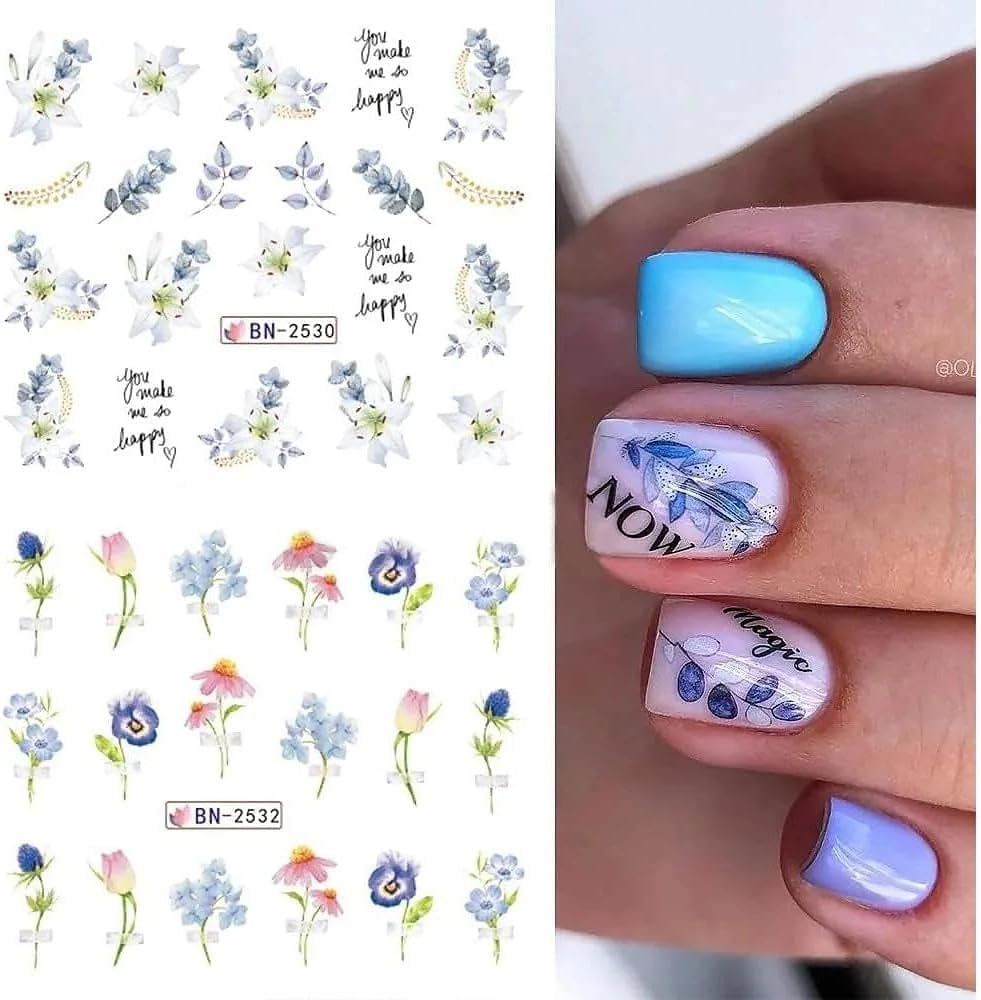 Water Transfer Nail Decals for Nail Art, Floral Flower and Butterfly Stickers for DIY Manicure - 12 Sheets with Vibrant Spring Designs - Ermaoo