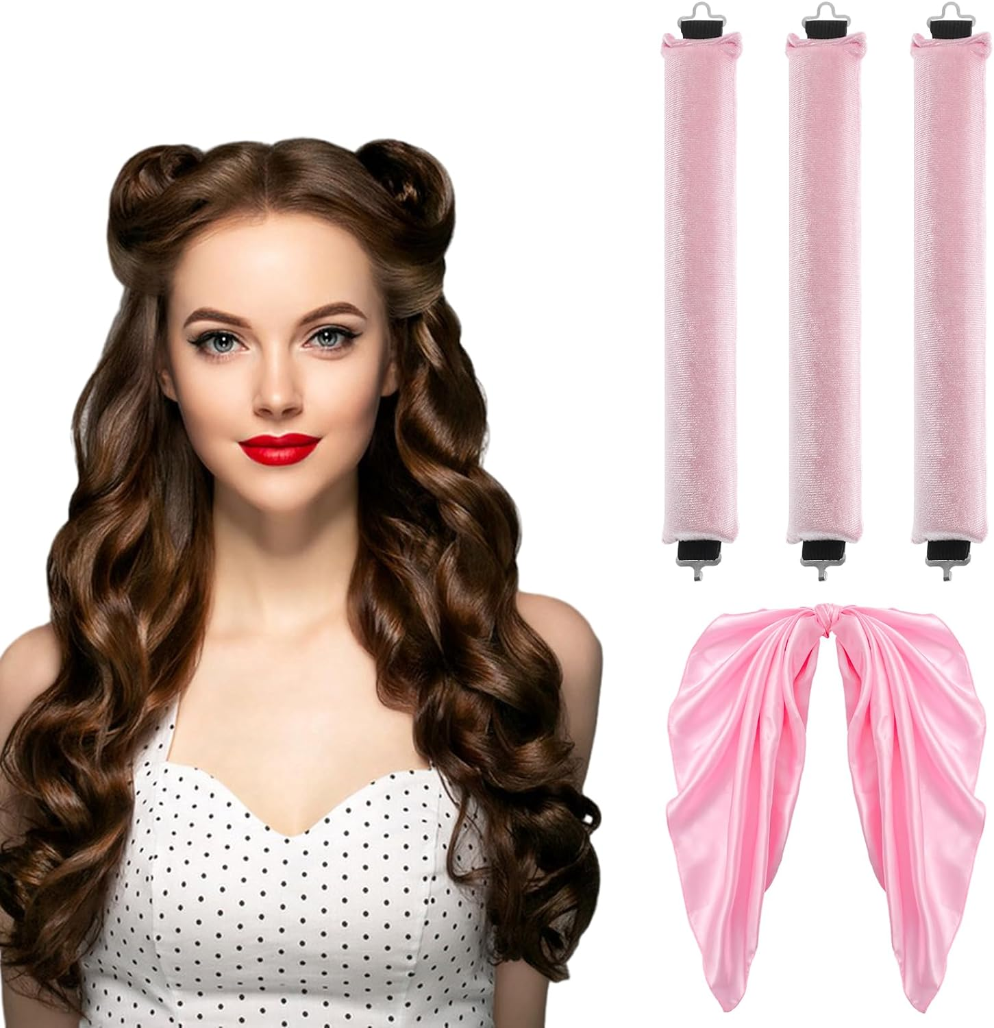 Obeoby 4 in 1 Pack No Heat Curling Rod, Velvet Hair Curlers to Sleep in Overnight Curls with Hook Blowout Rods Headband with Silk Scarf Curl Styling Kit for Long Medium Hair, Pink image number 2