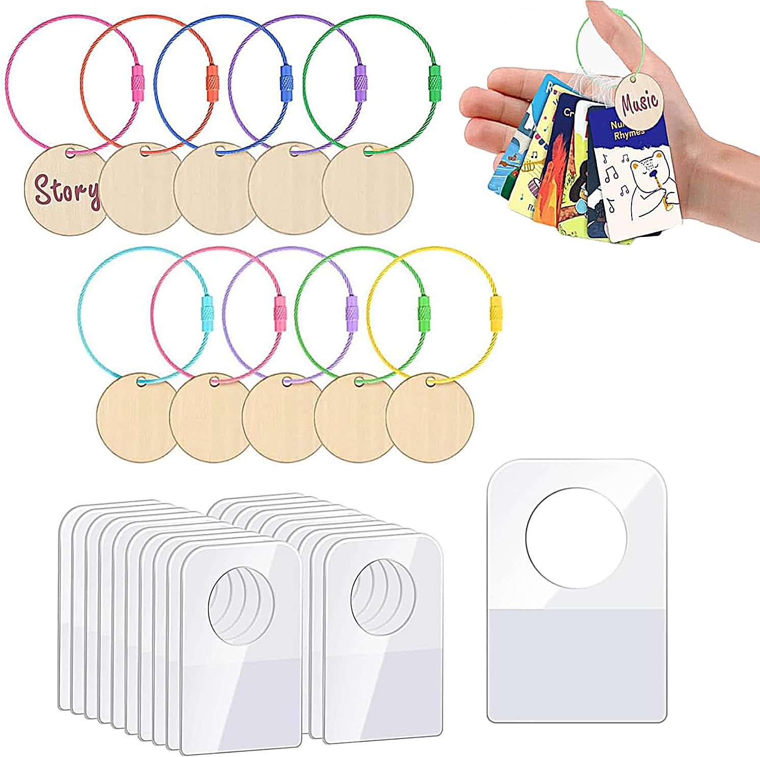 Luojinluoda Card Holder for Yoto Cards, 200 PCS Adhesive Tabs with 10 Yoto Card Rings, 10 Blank Wood Labels, Portable Card Loop Case Storage Organizer Accessories for Kids Travel image number 1
