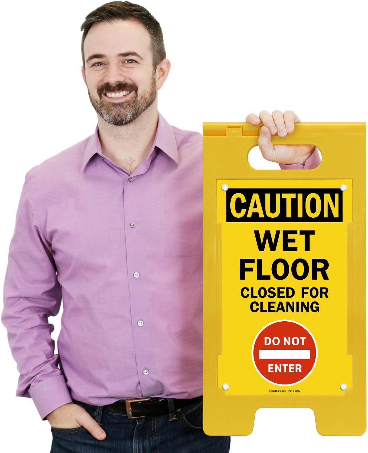 Smartsign Caution Closed for Cleaning Wet Floor Sign, 25 X 12 Inch, Standing/Folding Floor Sign, Double-Sided, Plastic, Swappable Panels, Black/Red on Yellow, Pack of 1, Made in USA image number 3