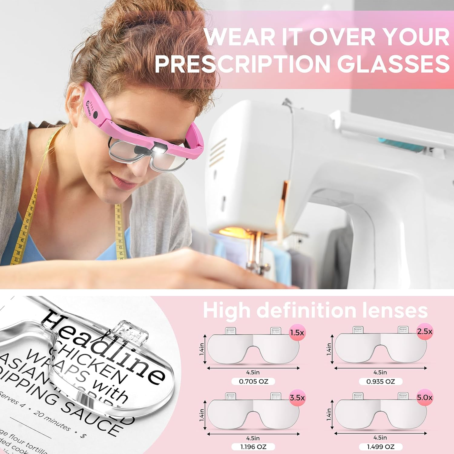 Magnifying Glass with Light, 1.5X-5.0X Magnifying Glasses, Rechargeable Magnifier Headset with Light, Head Magnifier with 4 Detachable Lenses, Magnify Glasses for Close Work Crafts Jewelry - Pink Magnifying Glass With Light image number 2