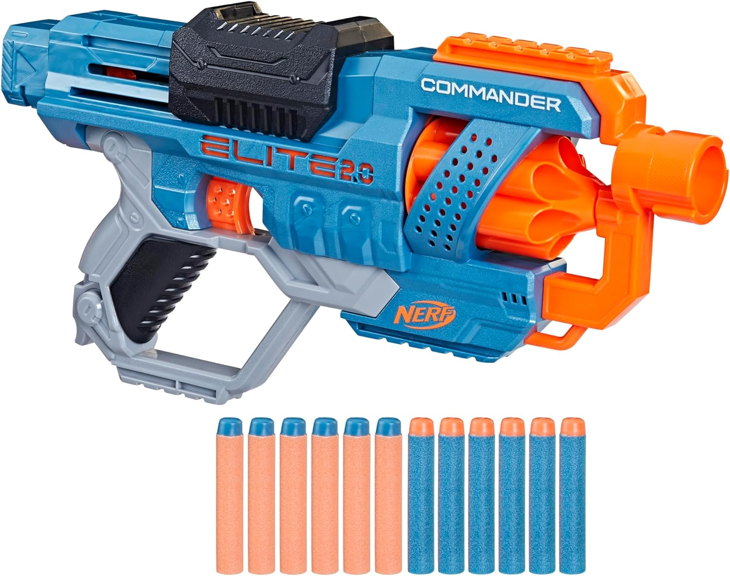 NERF Hasbro Elite 2.0 - Commander RD-6 Blaster - Us Version - 12 Offi Darts - 6-Dart Rotating Drum - Tactical Rails - Barrel and Stock Attachment Points - Toys for Kids - E9485 - Ages 8+, Multicolor image number 3