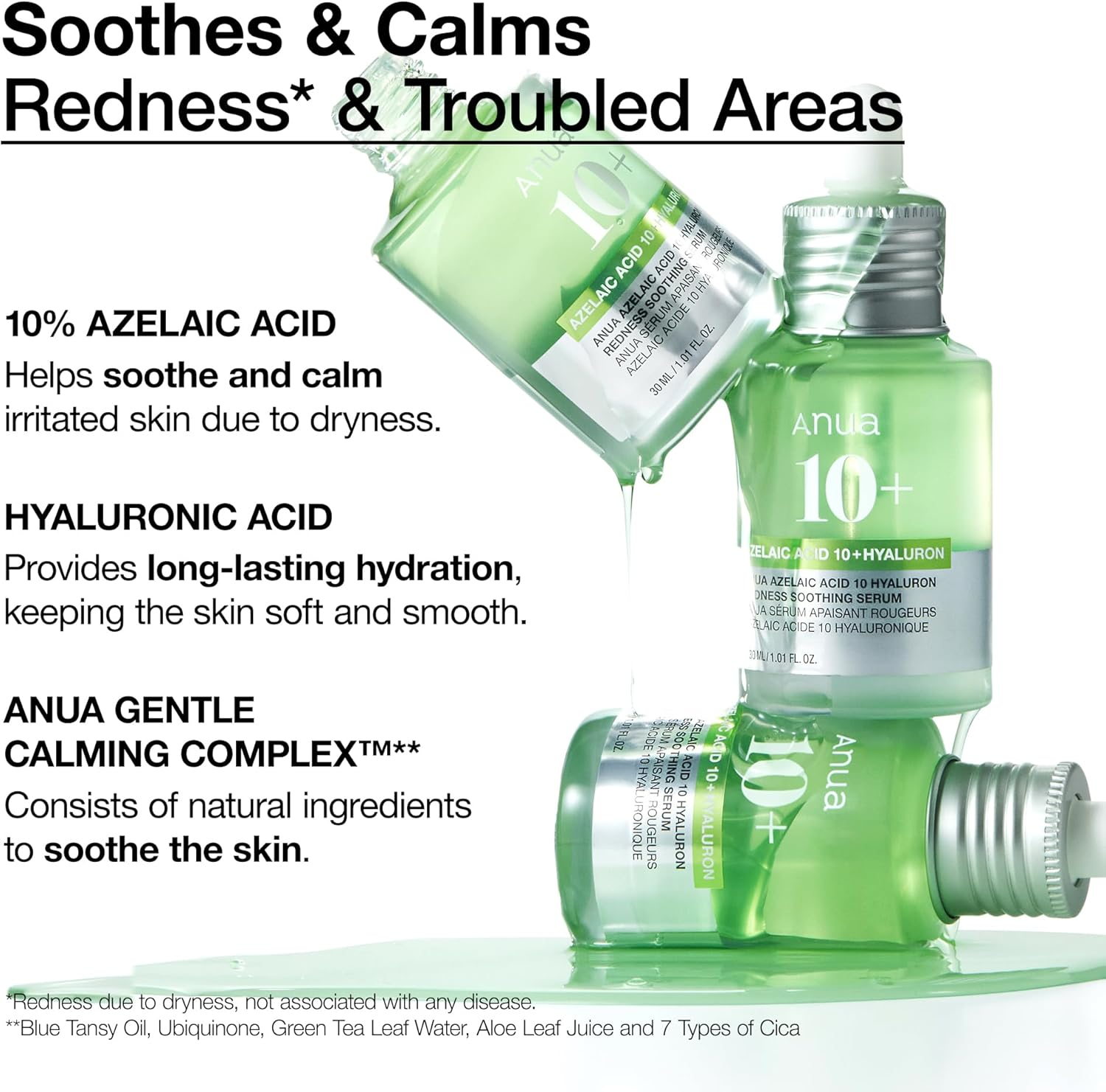 Anua Azelaic Acid 10 Hyaluron Redness Soothing Serum, Facial Serum for Blemish-Prone & Sensitive Skin, Lightweight & Hydrating Blemish Care, Hyaluronic Acid, Korean Skincare, 1.01 Fl Oz.