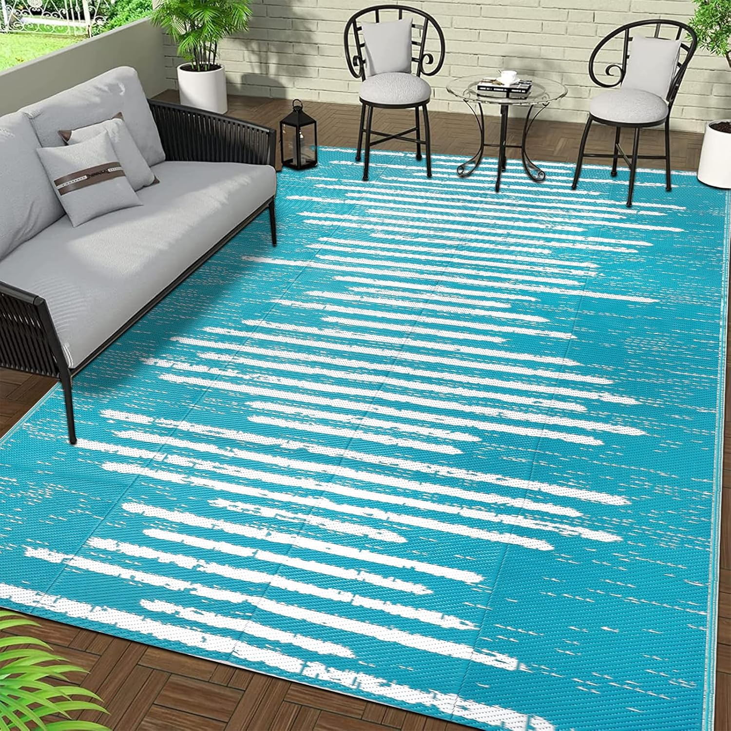 Falflor150X245Cm Outdoor Rug for Patios Waterproof Reversible Garden Mat Plastic Picnic Blanket Outdoor Floor Carpet Plastic Straw Rug for RV Backyard Beach Picnic Balcony(Teal) image number 4