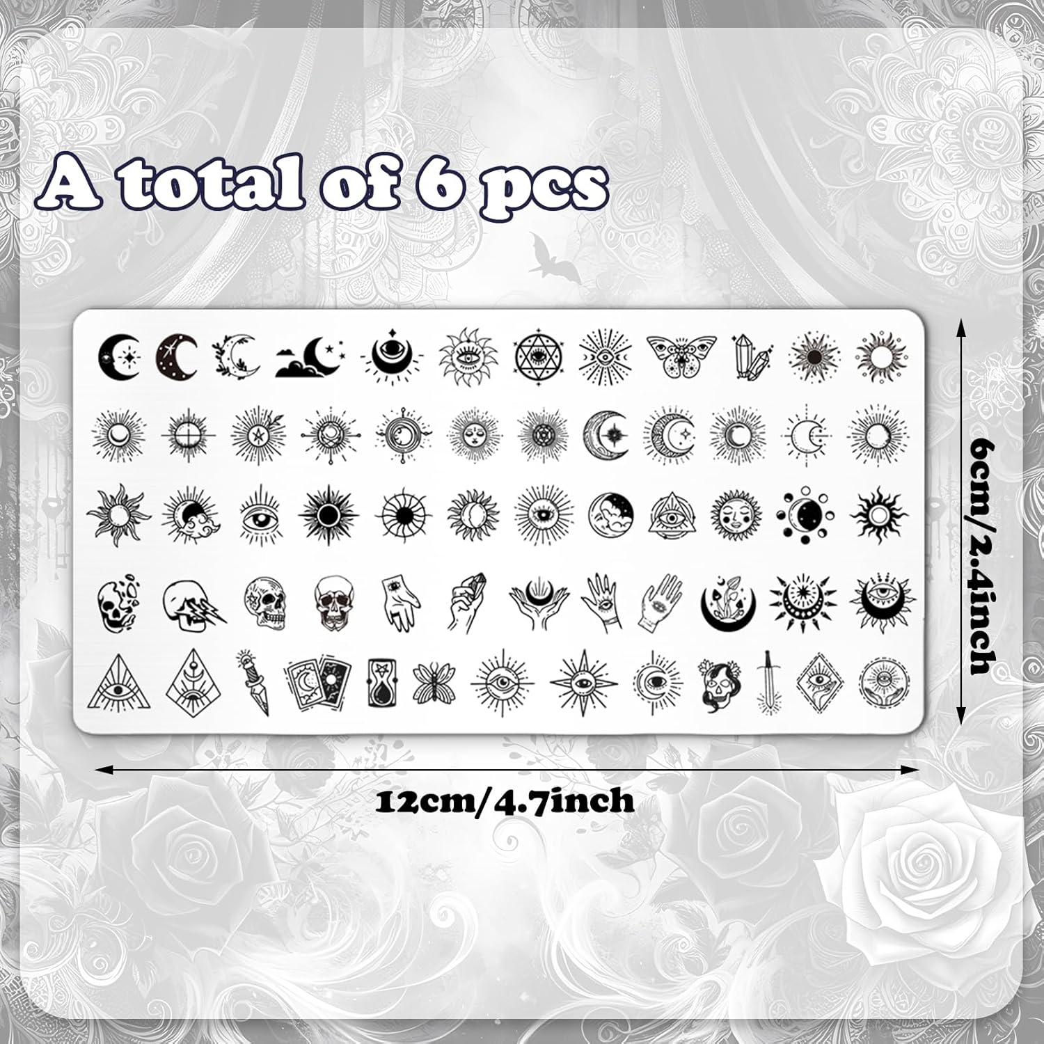 Whaline 6Pcs Gothic Nail Plates Stamping Set Skull Evil Eye Moon Stamp Templates Halloween Nail Art Plates for DIY Print Manicure Salon Design image number 6