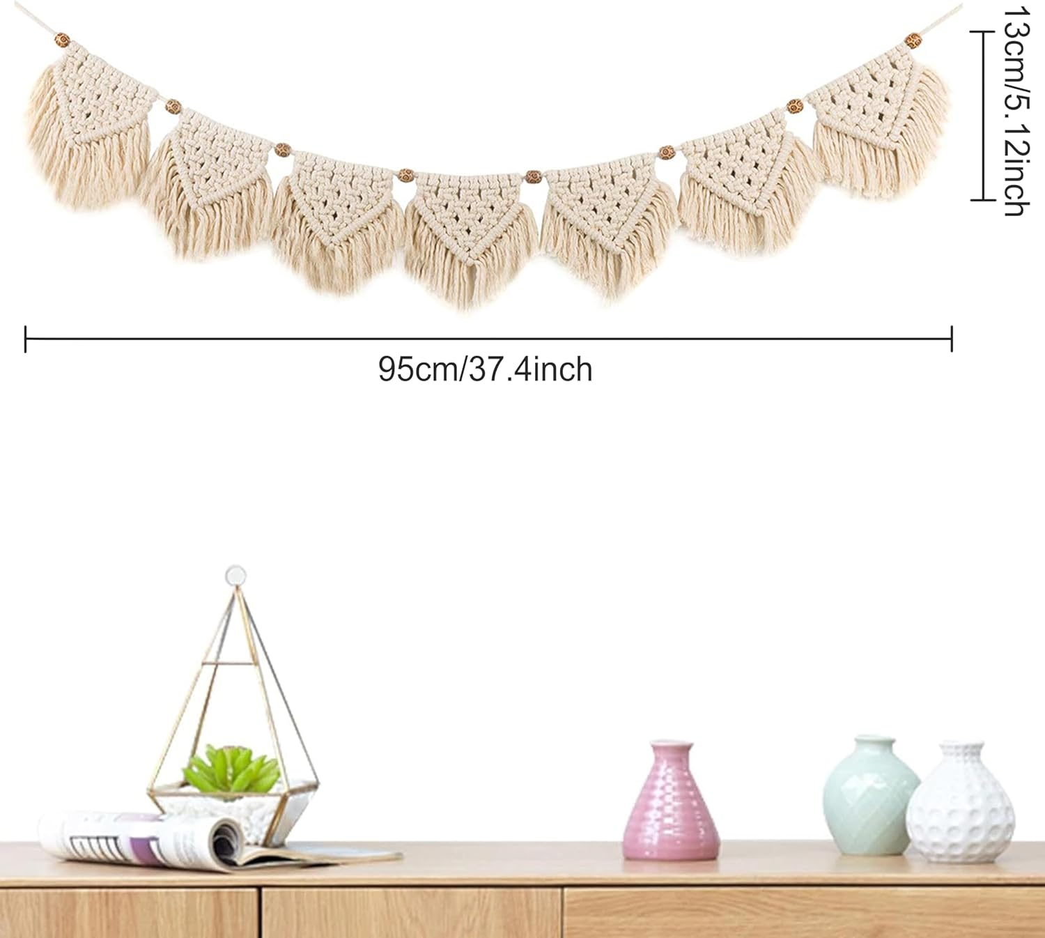 Macrame Wall Decor - Room Decoration Tapestry,Bohemian Handmade Wall Art Tapestry,Macrame Garland Banner with Wood Beads,Home Wall Art Decoration for Apartment,Living Room,Bedroom,Balcony image number 5