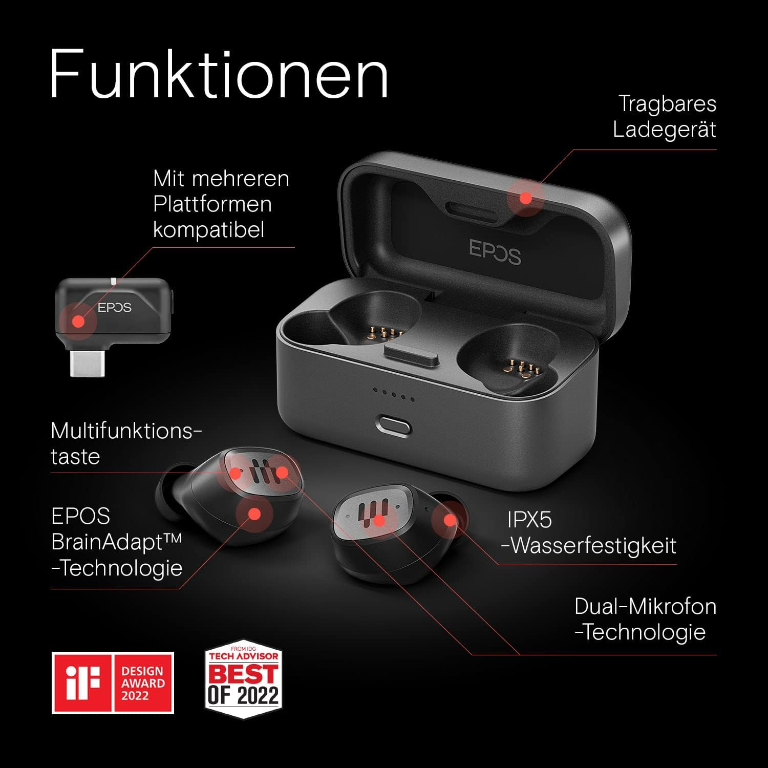 EPOS Audio Gaming GTW 270 Hybrid, True Wireless Engineered for Gaming, Lag-Free Gaming with Nintendo Switch, Playstation, PC and Android Devices, Black/Gray (1000230) image number 1