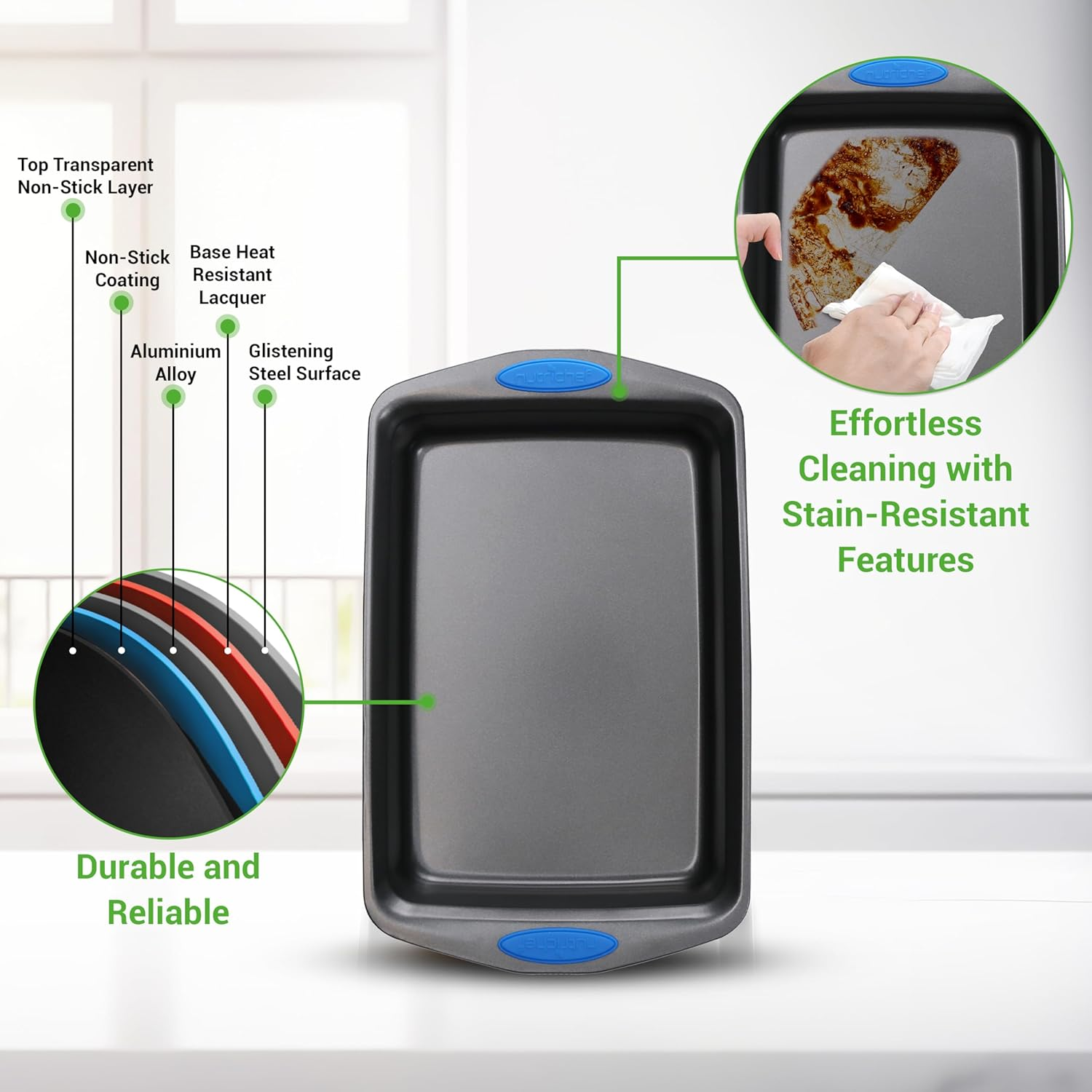 Nutrichef 3-Piece Baking Pan Set - Premium Nonstick Carbon Steel Bakeware W/Silicone Handles - Includes Large, Medium, & Small Pans for Baking & Roasting - PFOA, PFOS, PTFE Free - Gray - Gold image number 2