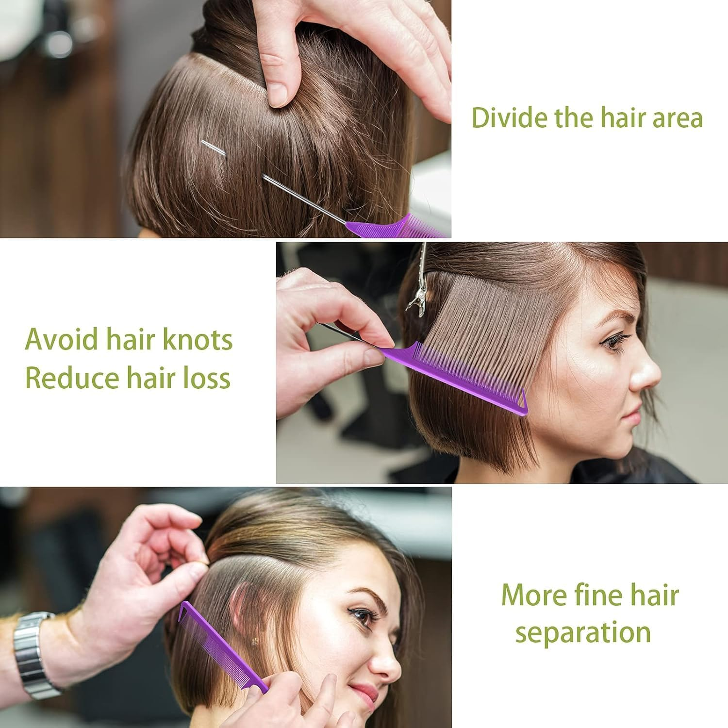 3 Pack Rat Tail Comb, Long Steel Pin Teasing Combs with Stainless Steel Pintail for Salon Hair Stylists, Metal Parting Combs for Women, Purple/Black/Pink