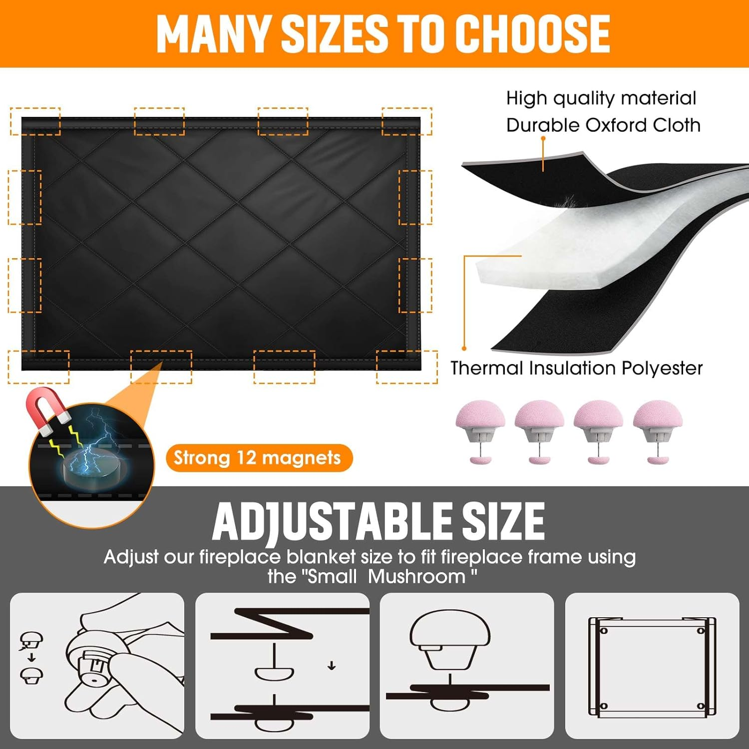 Magnetic Fireplace Draft Cover, Fireplace Blocker Blanket for Heat Loss, Indoor Draft Stopper with 12 Magnets for Iron Fireplace Frame, Fire Place Blanket for Insulation Black 36" W X 32" H image number 3