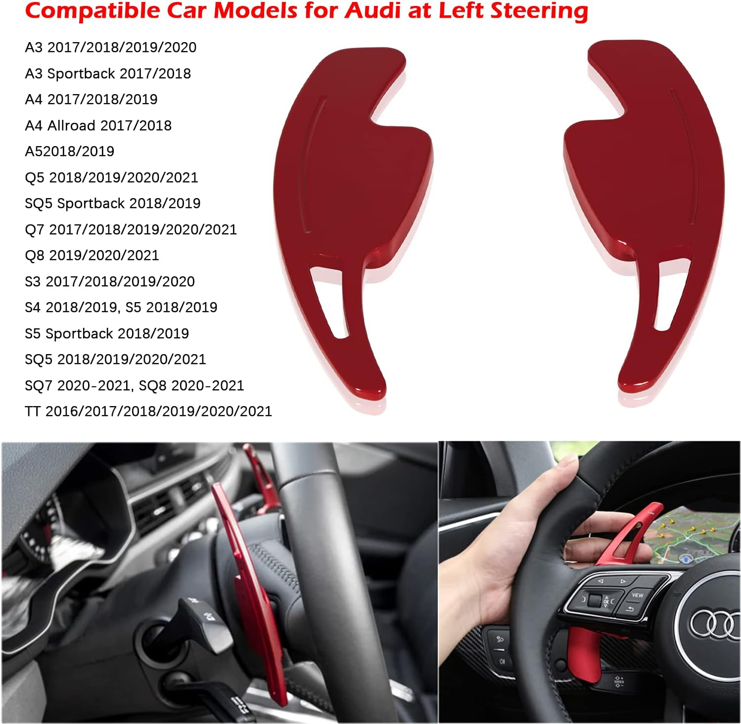Steering Wheel Paddle Shifter Extensions Fit for Audi A4 2017-2019 A3 S3 2017-2020 A5 S4 S5 2018-2019 Q5 SQ5 2018-2021 Q7 2017-2021 Q8 2019-2021 SQ7 SQ8 2020-2021 TT 2016-2021 TTS 2016-2020 (Red) image number 6