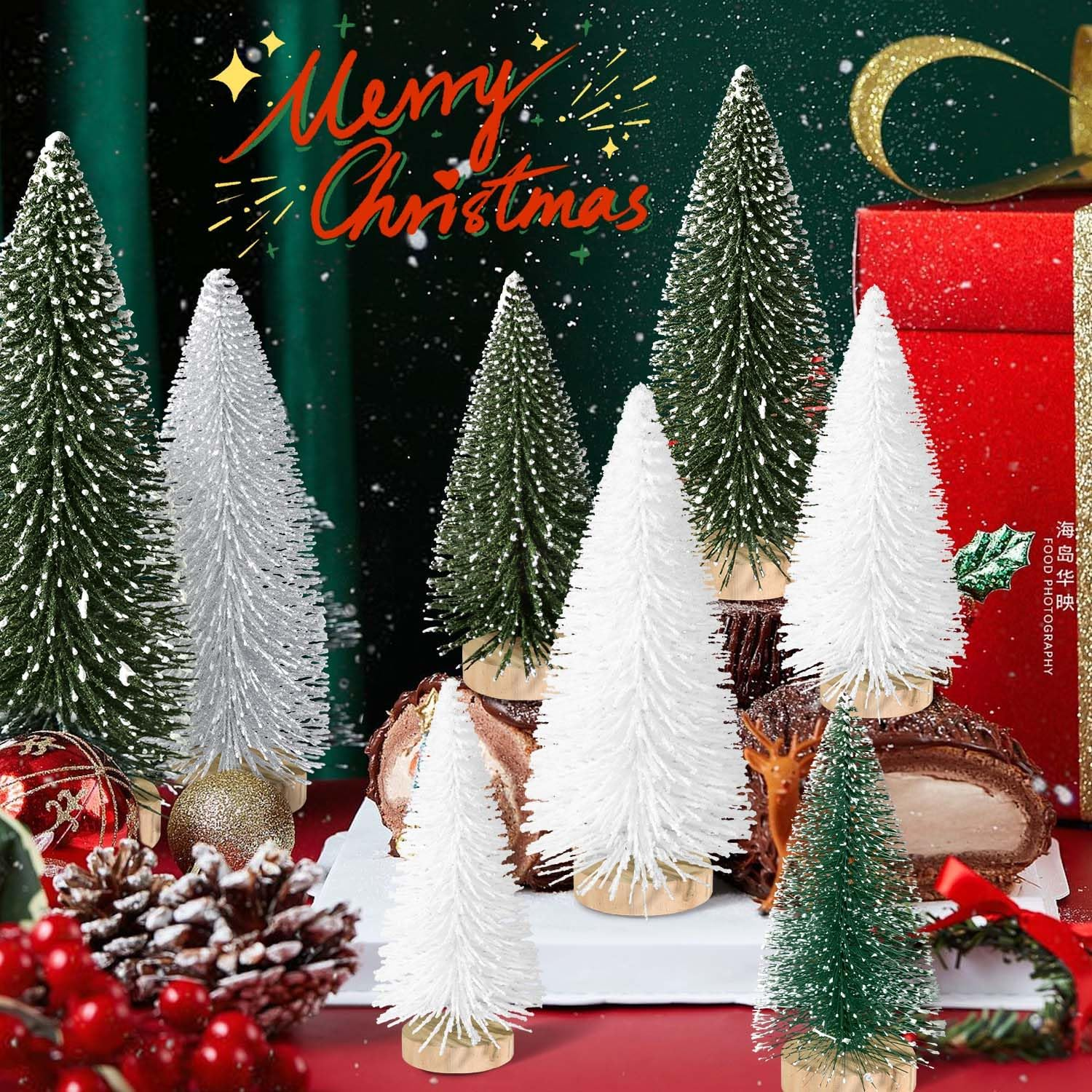 9Pcs Mini Christmas Tree Desktop, Artificial Christmas Pine Tree, Mini Bottle Brush Trees Tabletop, Small Sisal Trees with Wooden Bases, Xmas Holiday Decor (Green-Silver-White) image number 6