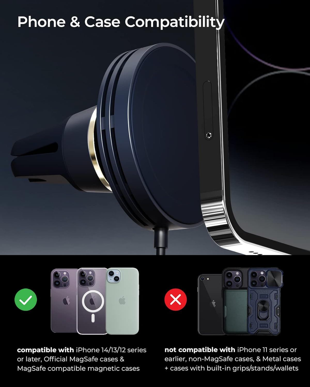 Iottie Velox Mini Magsafe Compatible Air Vent Car Mount in Midnight Blue with Wireless Charging. Compatible with Magsafe Iphones Including Iphone 12/13/14/15/16 Series (Car Charger Not Included) image number 2