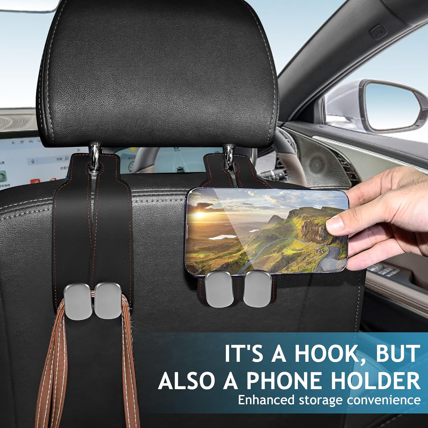 Accevo Car Seat Hooks for Headrest, Headrest Hook for Purses and Bags, 2 in 1 Car Seat Back Storage Hooks for Headrest（2 Pack, Black image number 3