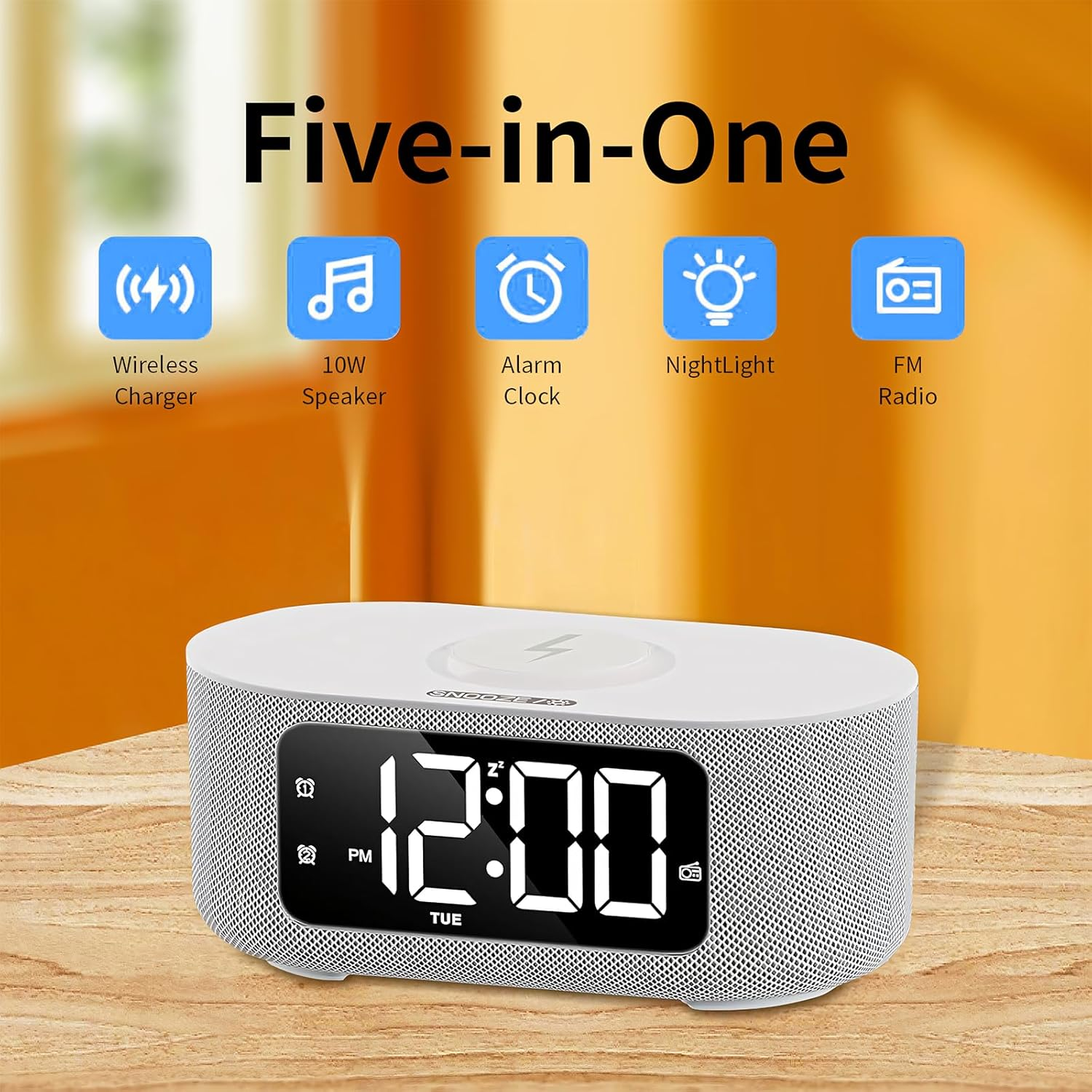 Sound Machine Alarm Clock for Bedroom, 15W Fast Wireless Charger, Digital Clock with FM Radio, Nightlight, Snooze, Dimmer, Bluetooth Stereo Speaker, White Noise Machine for Sleeping with 25 Sounds image number 5