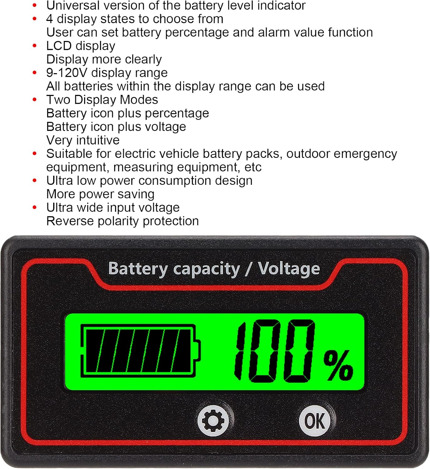 12-84V Battery Capacity Indicator Voltage Meter, Battery Monitor Battery Power Indicator Panel for Electric Vehicle Battery Packs, Etc (Green Light) - White Light image number 6