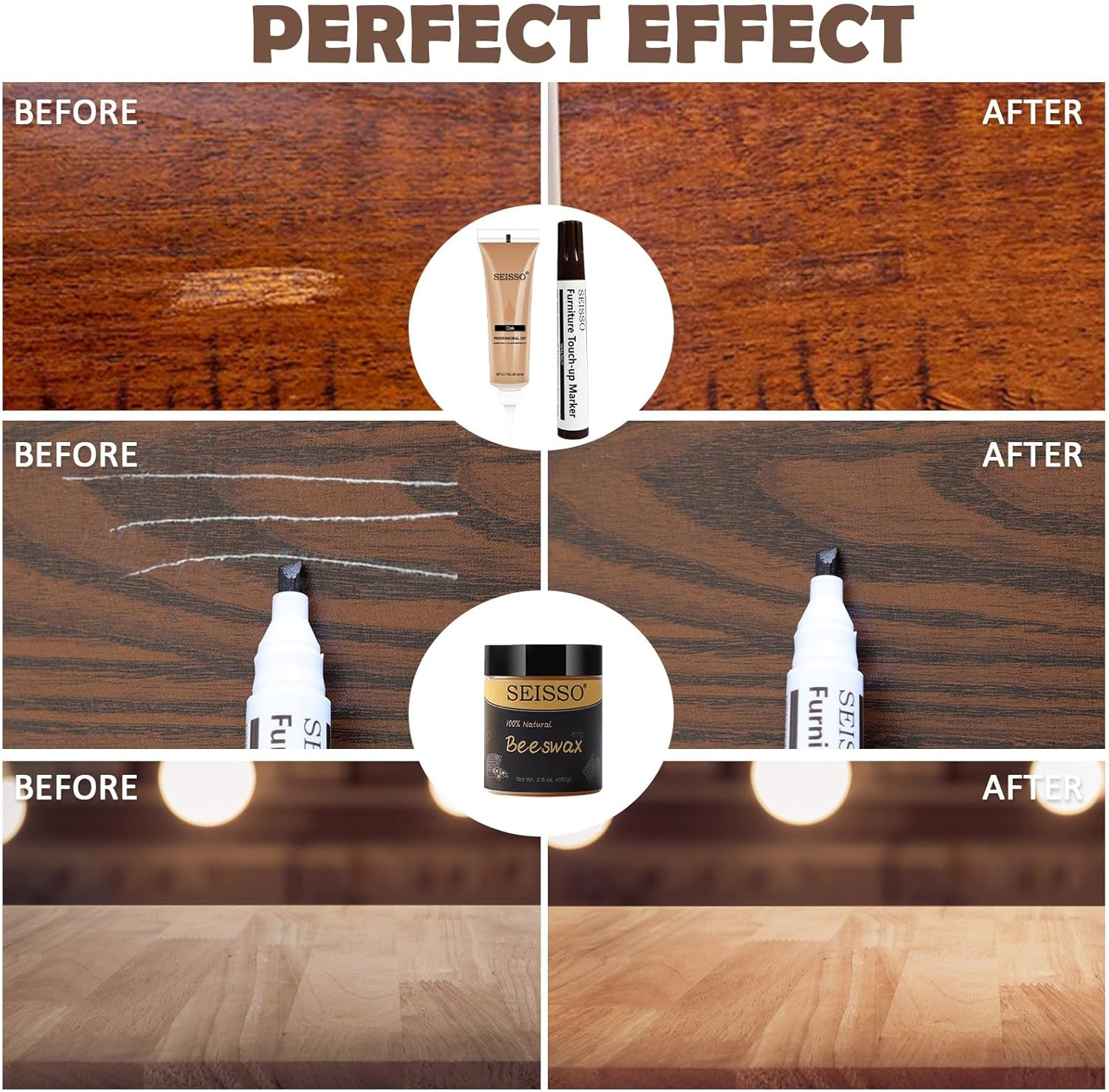 SEISSO Wood Furniture Repair Kit, 12 Colors Wood Fillers, Wood Putty with Beeswax, Furniture Touch up Markers with Wood Crayons, Hardwood Floor Repair Kit for Stains, Scratch, Cracks, Hole image number 1