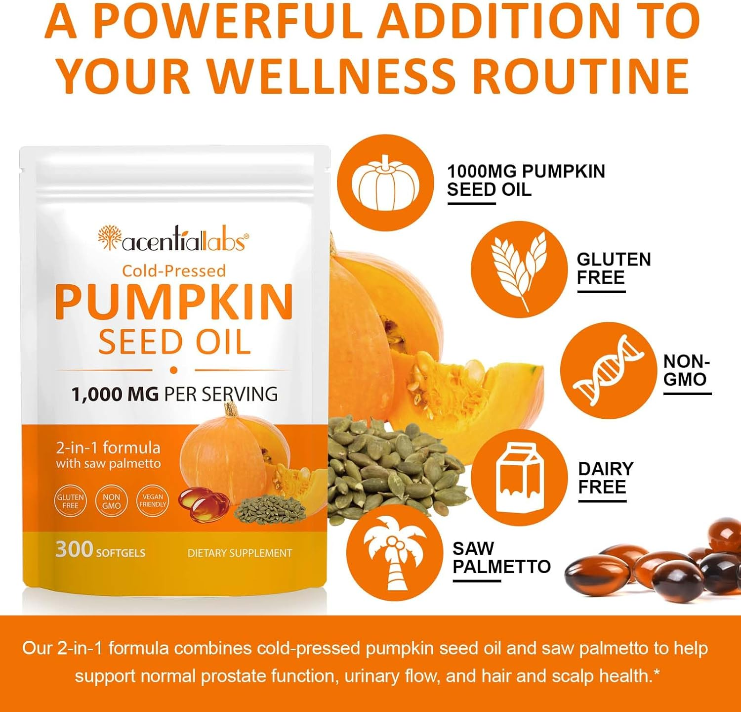 Pumpkin Seed Oil with Saw Palmetto Softgels | 1000 Mg per Serving | Cold-Pressed Virgin Oils | Plant-Based Fatty Acids & Phytosterols | Non-Gmo, No Artificial Additives | 300 Count image number 4