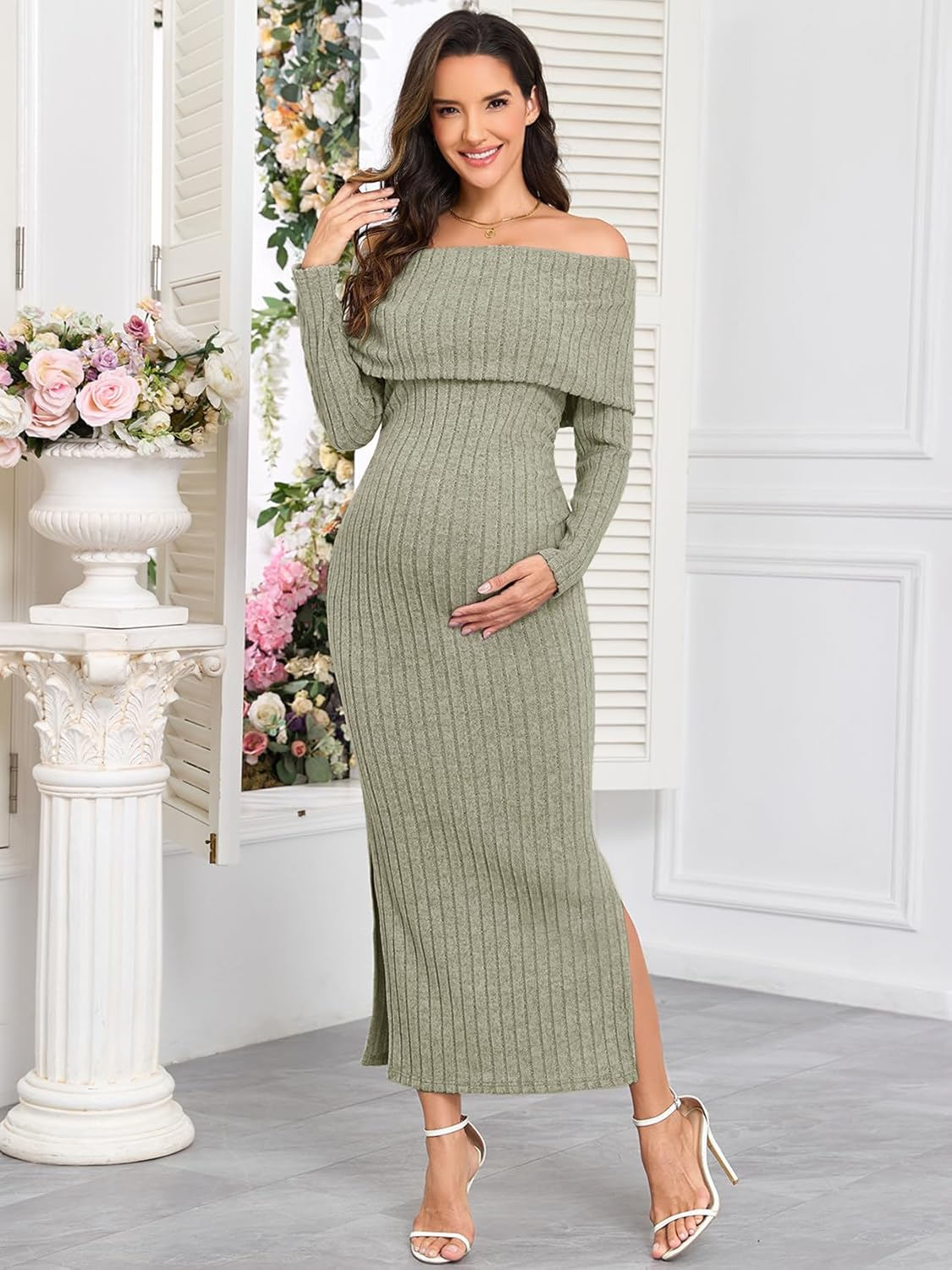 Maternity Sweater Dress off the Shoulder Rib Knit Long Sleeve Dresses with Side Slit for Pregnancy Baby Shower image number 2
