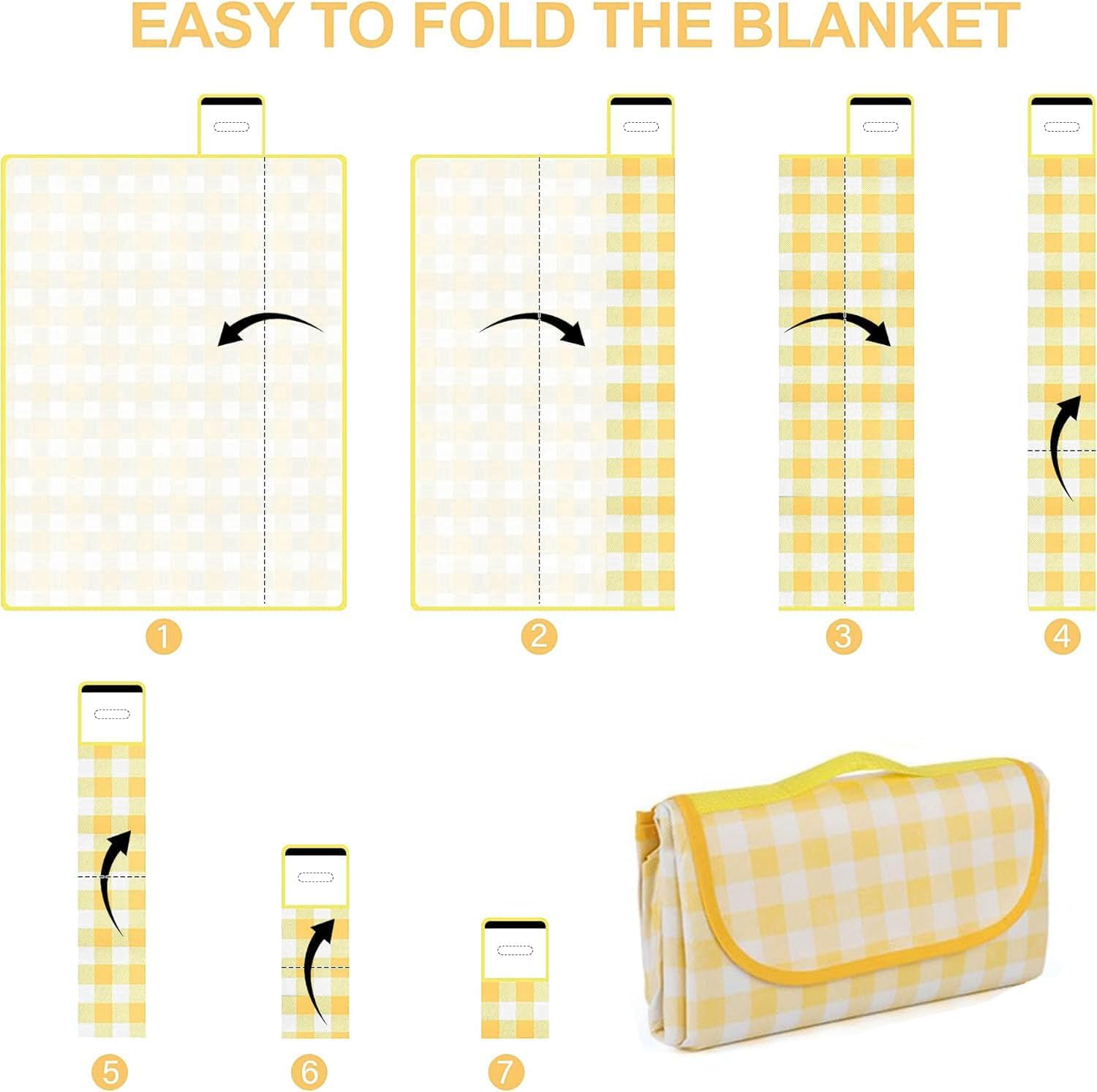 Picnic Blanket Waterproof Foldable in Large 80X60In and Extra Large 80X80In Cute Gingham Portable Compact Beach Blanket Oversized XL Outdoor Mat (Yellow, Extra Large) image number 5