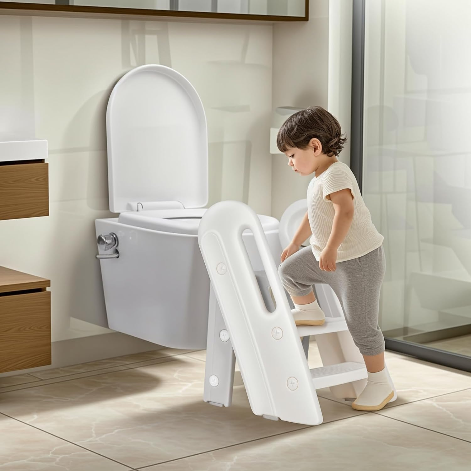 Foldable Kids Step Stool with Safety Handles,3-Tier Toddler Step Learning Ladder with Adjustable Pedal and Non-Slip Steps for Toilet Potty Training,Kitchen Standing Tower,Bathroom Sink image number 4