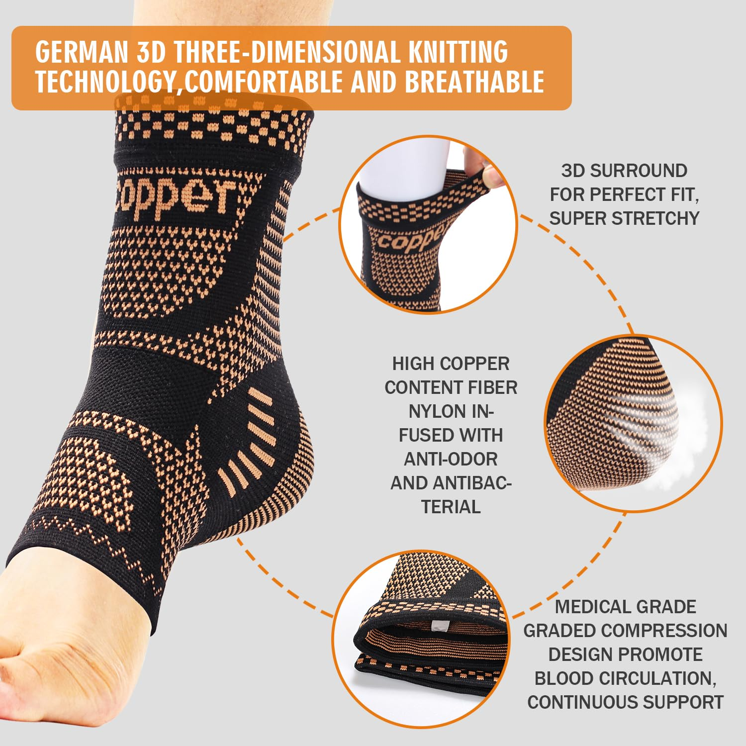 Copper Ankle Brace Plantar Fasciitis Socks,H HOME-MART Copper Infused Ankle Support Compression Sleeve for Men & Women, for Foot Pain Relief, Plantar Fasciitis, Sprained Ankle, Achilles Tendonitis,Recovery, Daytime or Night Use (Medium) image number 6