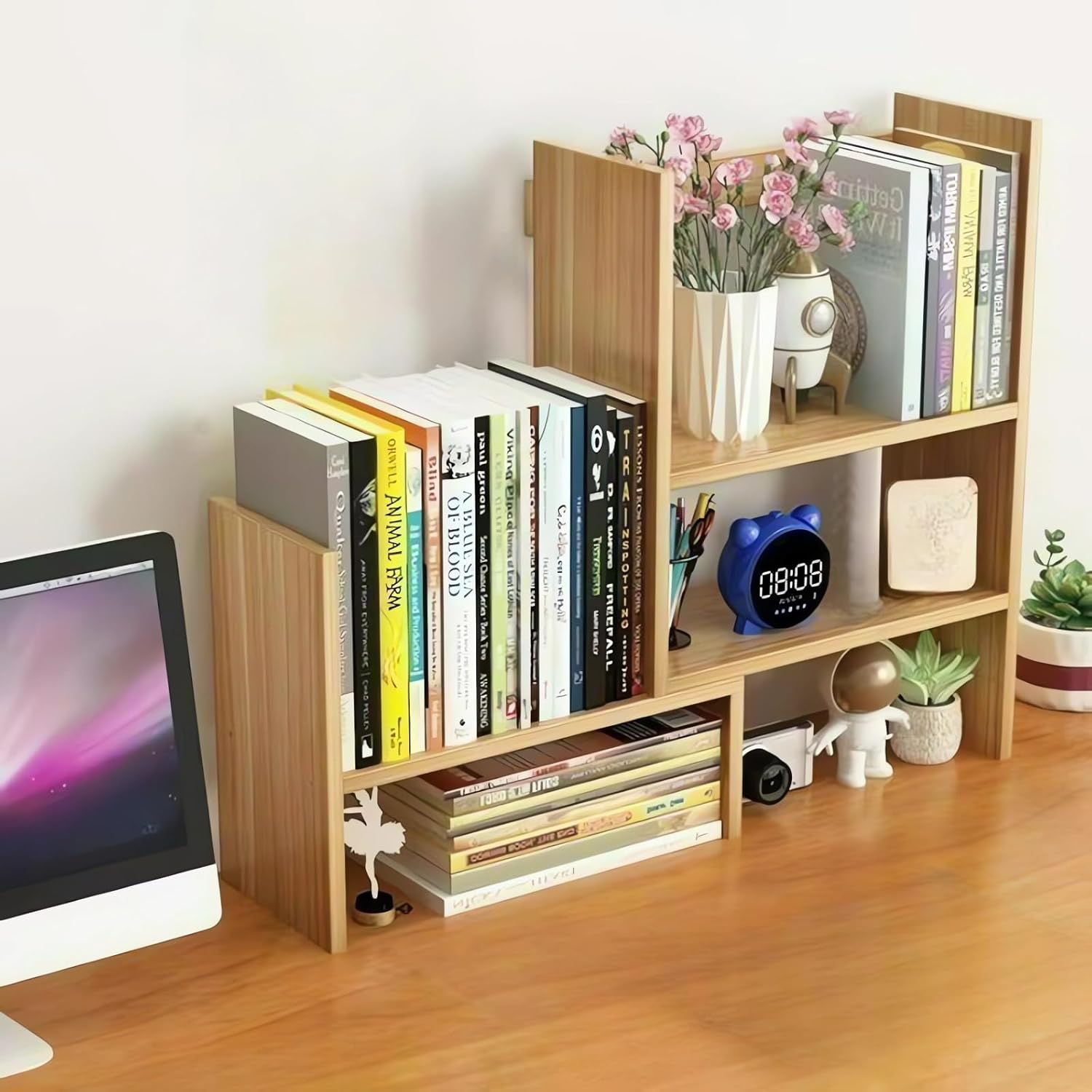 Desktop Bookshelf Organiser, Wood Bookcase, Office Desk Storage Shelf, Adjustable Width 36-72 Cm Bookshelves A292 (B Wood) image number 4