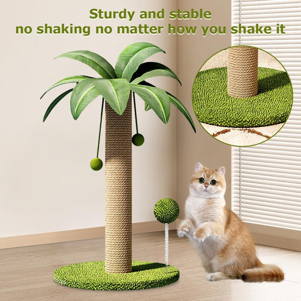 Coconut Tree Cat Scratching Post, Sisal Rope Pussy Pillar, Interactive Mog Tree, Stable Wide Base & Fun Hanging Balls, for All Cats（41X41X63Cm） image number 5