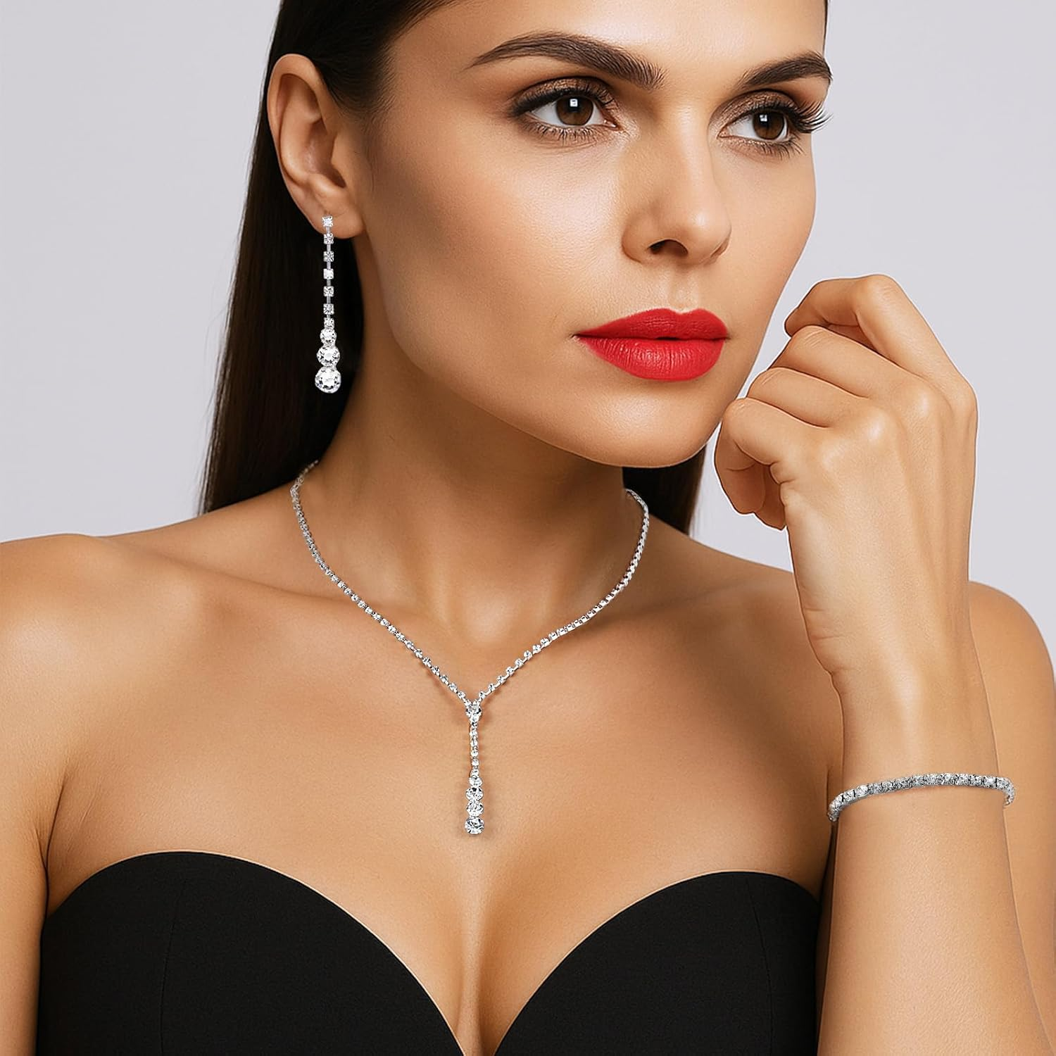 Crystal Jewelry Set for Women, Silver Bridal Jewelry Set Rhinestone Necklace, Bracelet and Earrings, Bridal Wedding Party Accessories image number 6