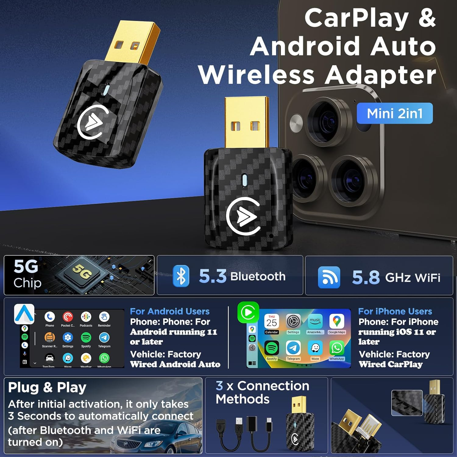 MSXTTLY 2 in 1 Carplay Wireless Android Auto Wireless Adapter, Mini Auto Car Play Wireless USB Dongle for OEM Wired Carplay Android Car Model 2017, with Iphone Ios 12+ / Android 11+, Blackgary