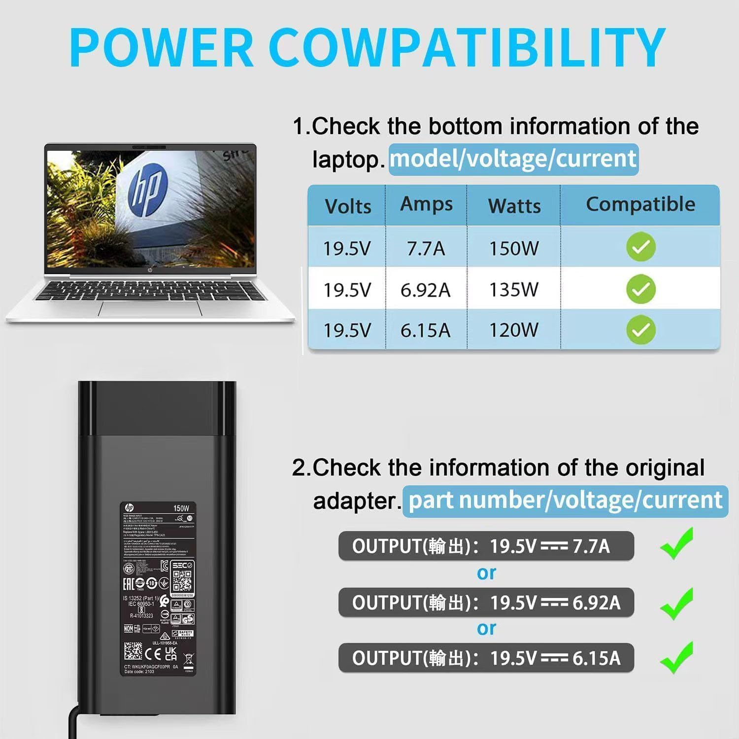 150W AC Adapter Charger Fit for HP Zbook 15 16 17 15U 15V G3 G4 G5 G6 G7 G8 G9 Zbook Studio G3 G4 G5 G6 G7 G8 OMEN by 15 17 Pavilion Gaming 15 17 TPN-CA11 TPN-DA09 Laptop Power Adapter Supply image number 6