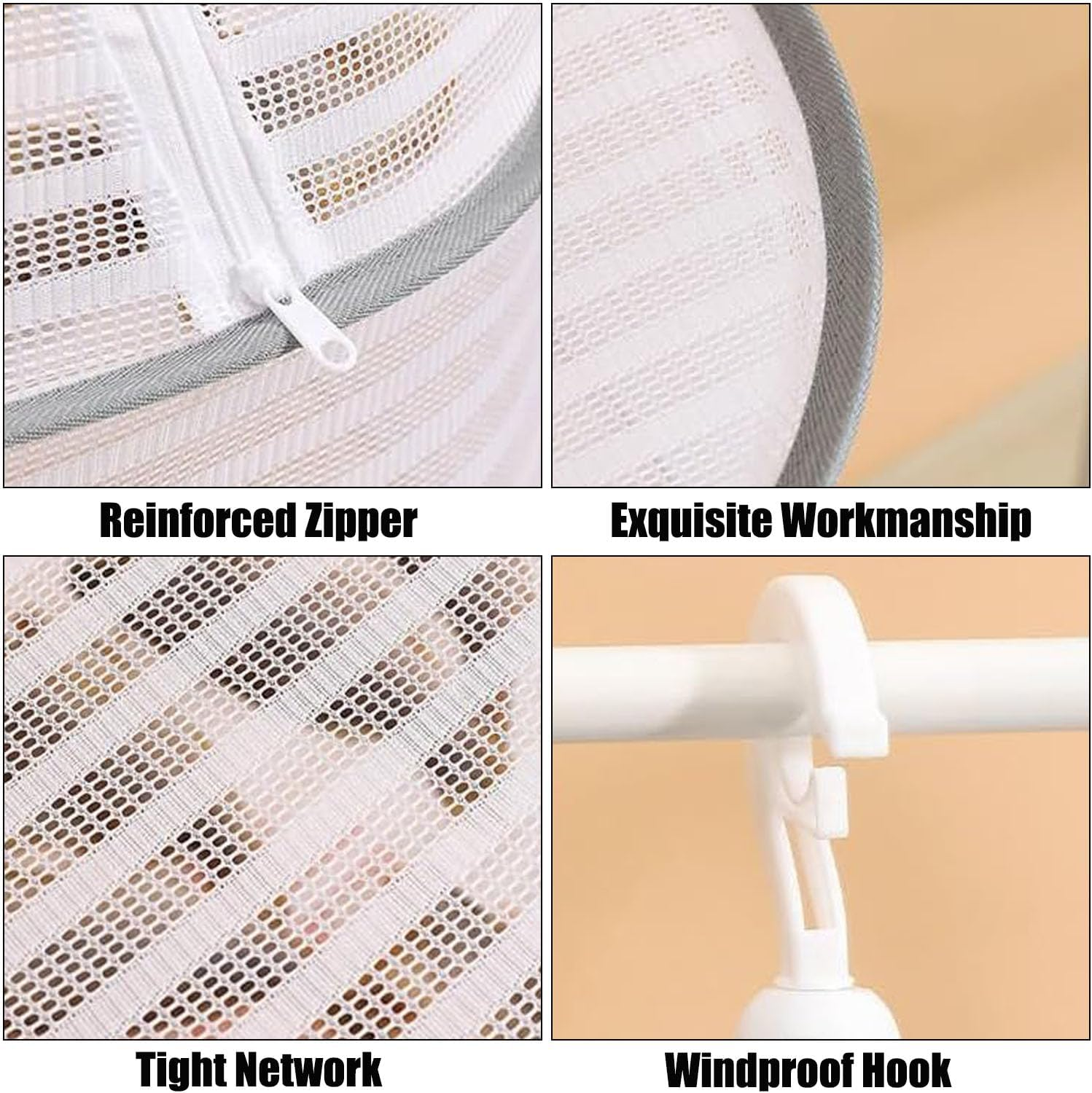Herb Drying Rack, 4 Layers Hanging Mesh Net with Zipper, Rack Netmesh Hanging Dryer, Closure Foldable Mesh Drying Rack for Clothes Toys Vegetables Fruits Fish (White)