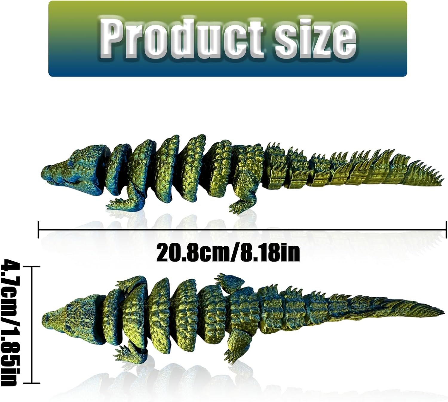 3D Printed Crocodile, 3D Printed Animal Toys for Desktop Decorations, Fidget Toys, Prank Prop (21Cm/8.26In, Blue Green) image number 3