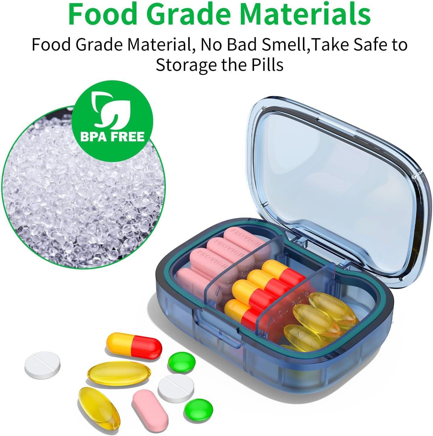 2 Pack 3 Compartment Small Pill Box, Moisture Proof Pill Case, Travel Pill Organizer for Pocket Purse, Daily Portable Medicine Vitamin Box, Fish Oil Box, Supplement Box - Green+Blue image number 4