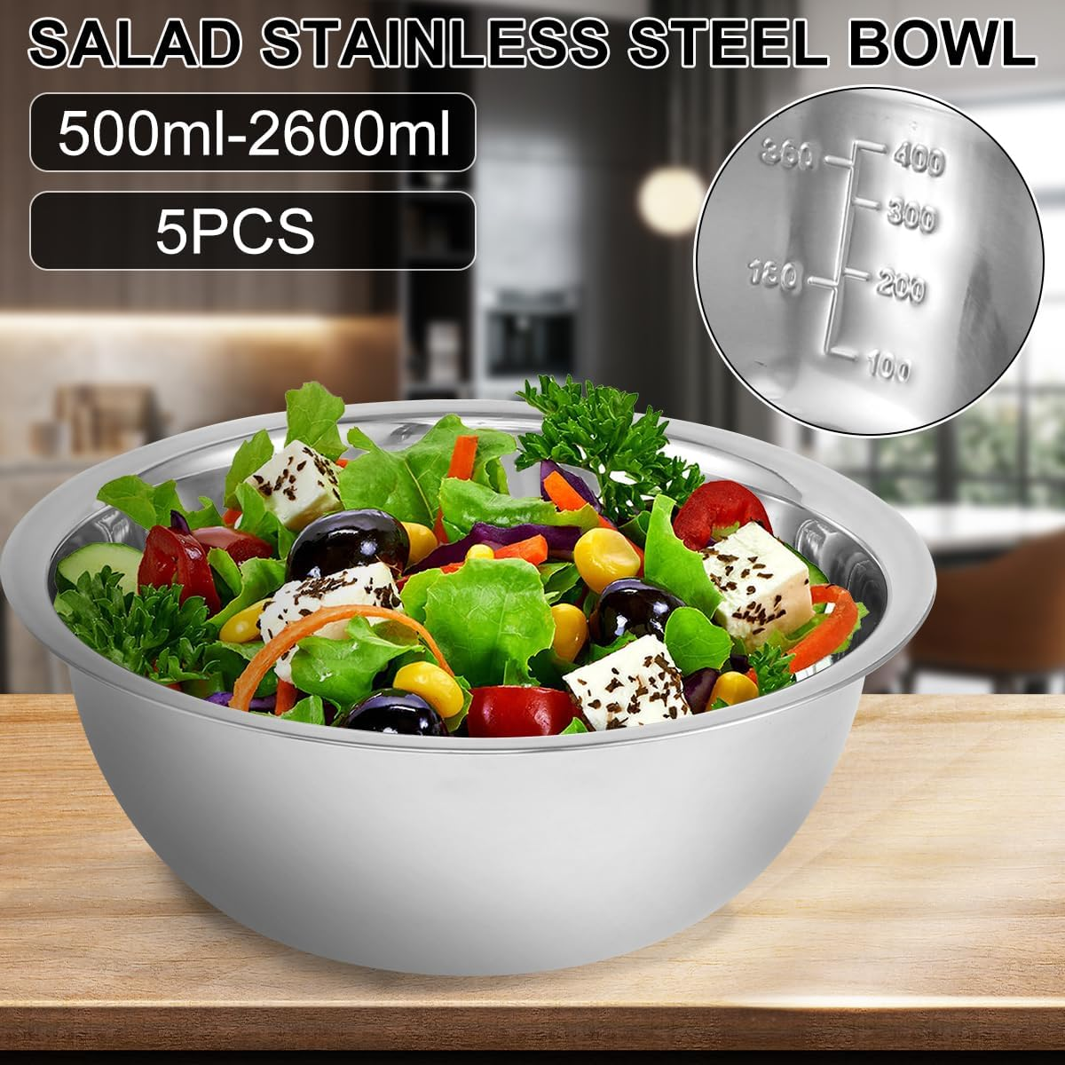 Stainless Steel Mixing Bowl Set of 5 with Measurement Markers Multipurpose Soup Basin 5 Sizes Space Saving Nesting Bowls Metal Kitchen Bowl for Baking Food Storage (0.5L,0.8L,1.55L,2.1L,2.6L) image number 4