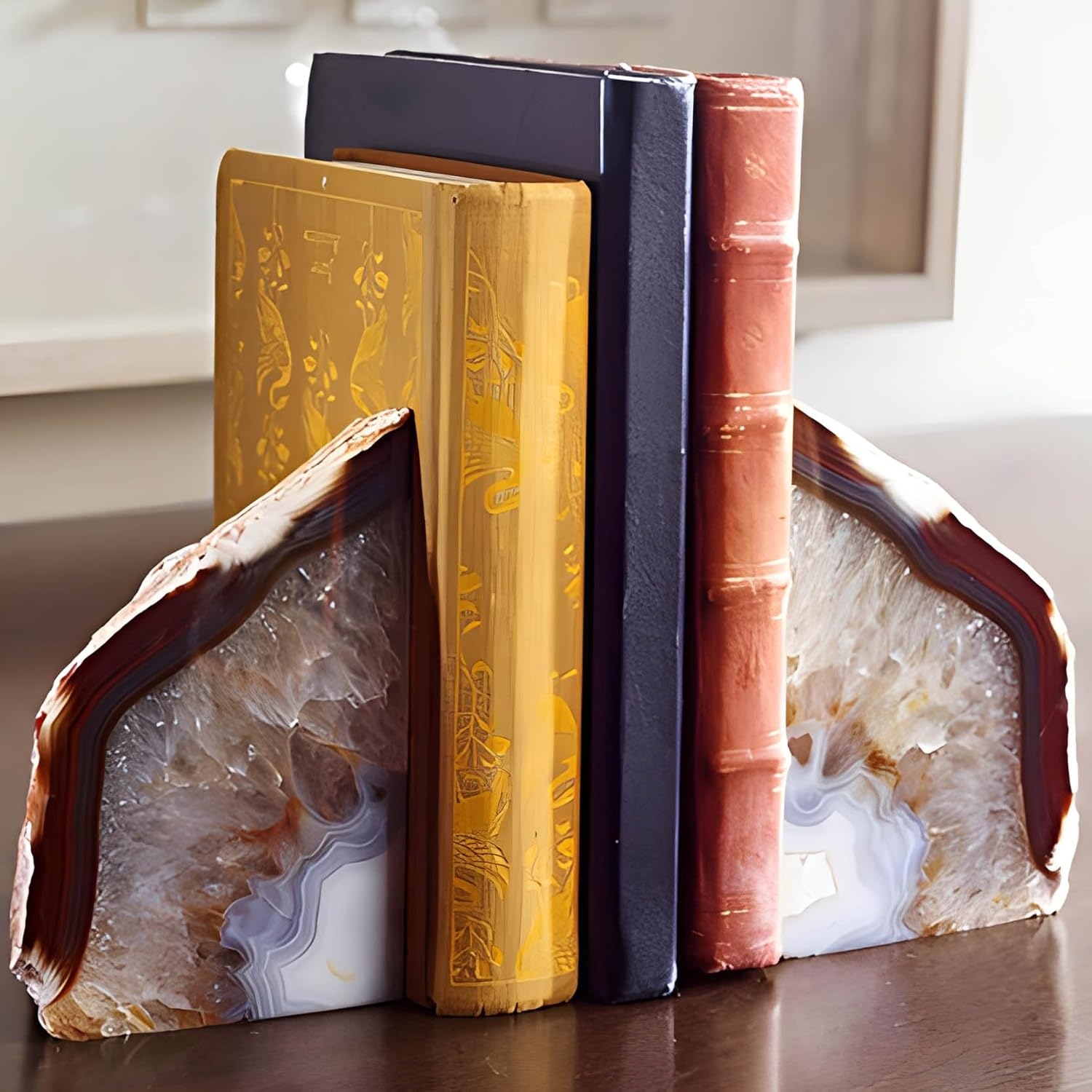 AMOYSTONE Brazilian Rock Bookends 1 Pair Pink Agate Geode Bookends 3-4 Lbs for Video Games Cds Unique Bookends Home Decorative