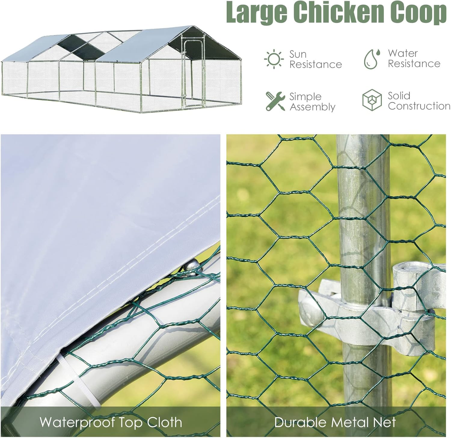 Costway Large Outdoor Metal Chicken Coop, Walk-In Hen Run House with Water-Proof Cover, Lockable Door, Large Space, PVC Wire Enclosure, Poultry Cage Habitat for Ducks, Rabbits in Backyard, Farm Use image number 5