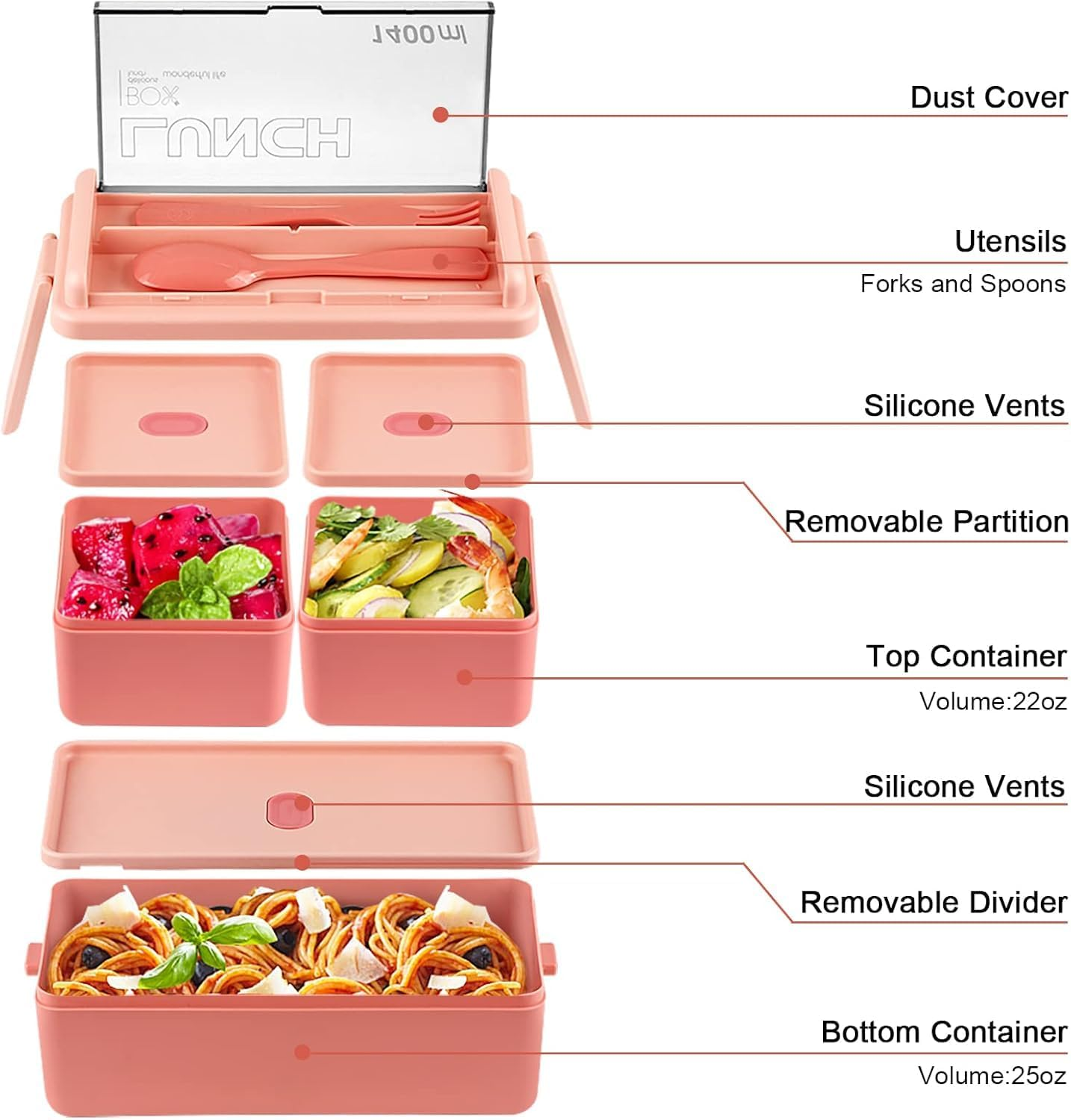 Lunch Box Stackable, 1400Ml Bento Box with Spoon Fork, Leak Proof 2 Layer Boxes with 3 Removable Compartments and Cutlery, for Adults Kids Office Microwave Dishwasher Safe Available (Pink) image number 1