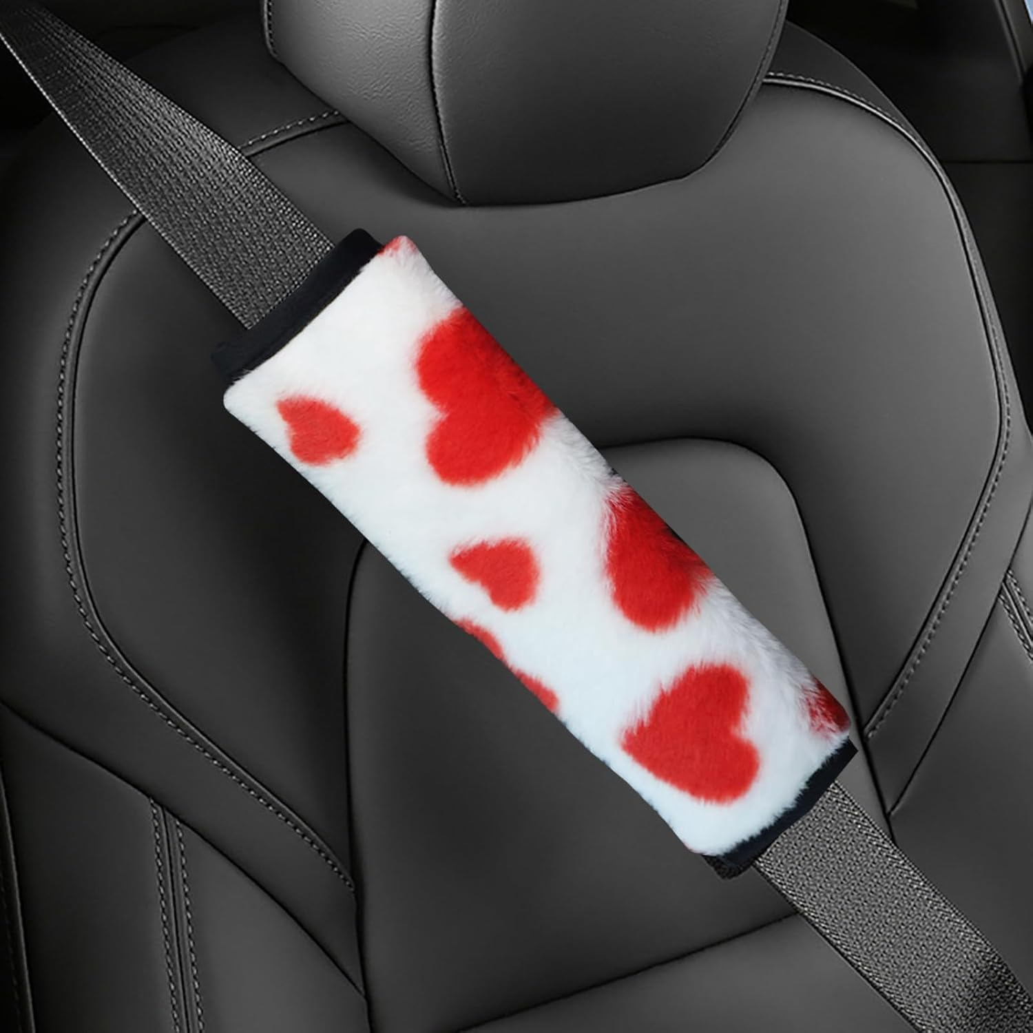 2 Pack Seat Belt Pads Soft Faux Sheepskin Love Car Seat Belt Shoulder Strap Covers Cute Seatbelt Neck Protector Cushion More Comfort Driving Compatible with All Cars and Backpack Fits Women Red