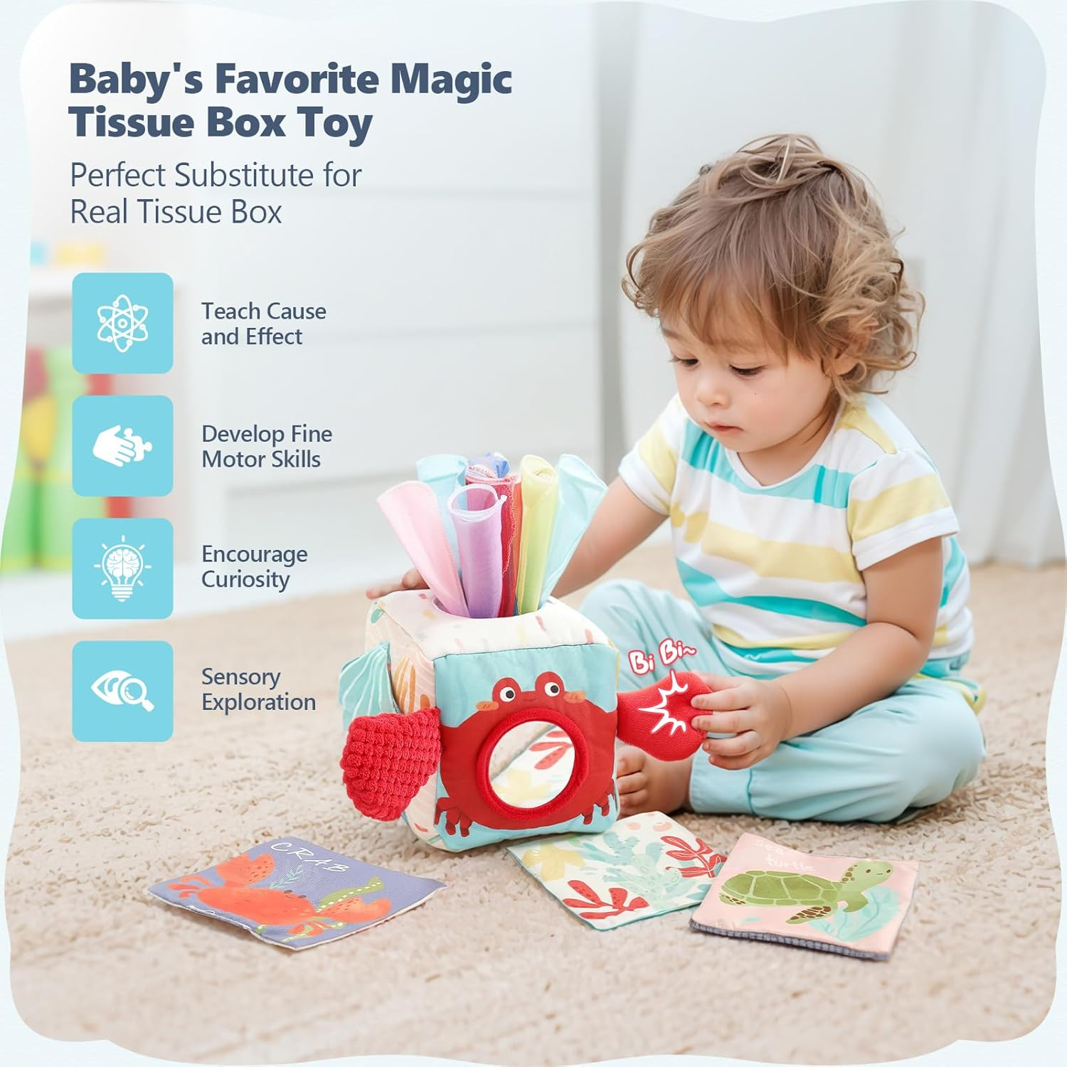 Promise Babe Baby Tissue Box Toy for Toddler 6-12 Months - Montessori Toys Baby Tissue Box Sensory Toys to 1 Year Old - Kids Boy Girl Gifts for Babies 6 12 18 Months Old (Ocean)