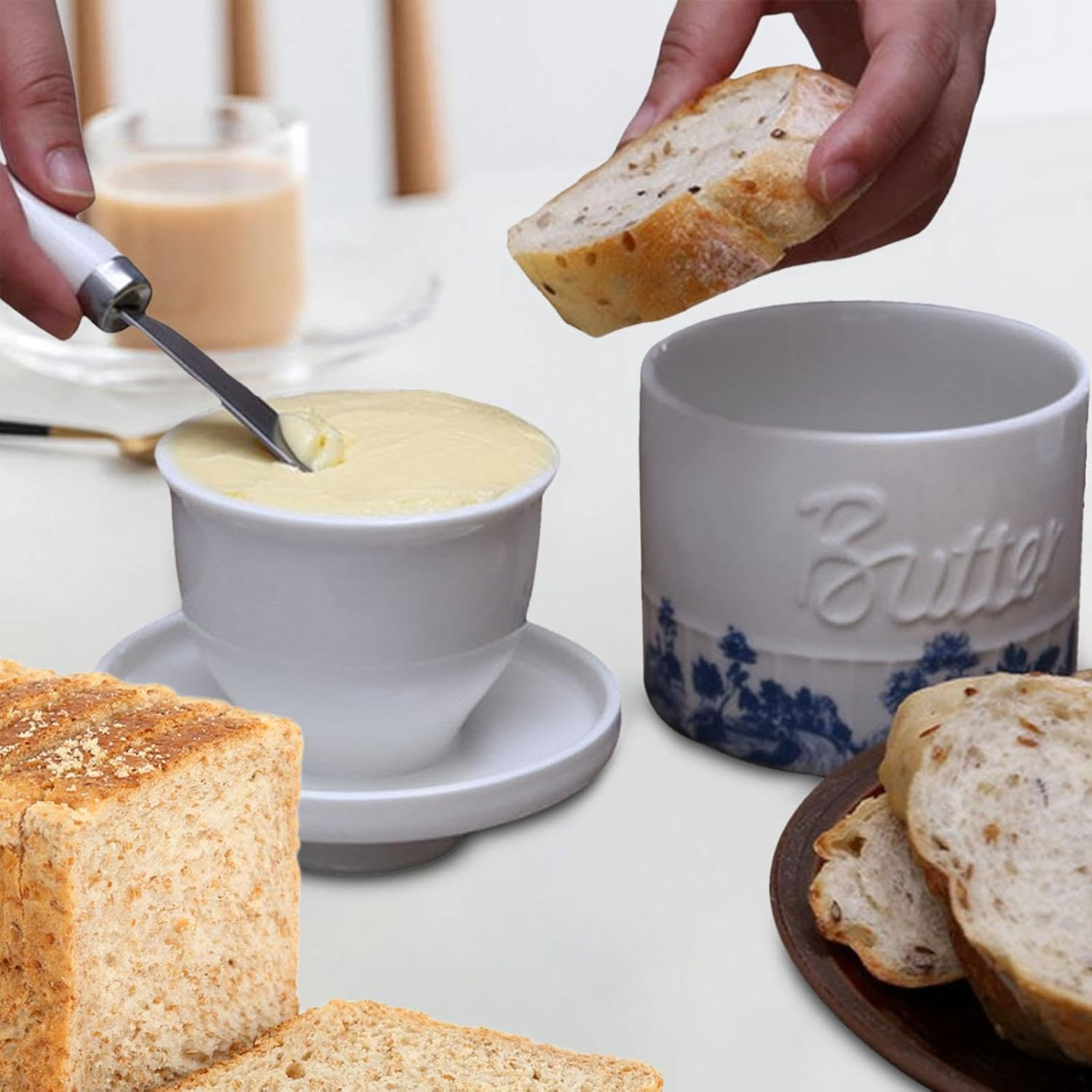 Fenteer Butter Dish Butter Crock with Lid for Soft Butter Porcelain Butter Container Butter Keeper for Cafe Dining Table Centerpiece , Style A image number 2