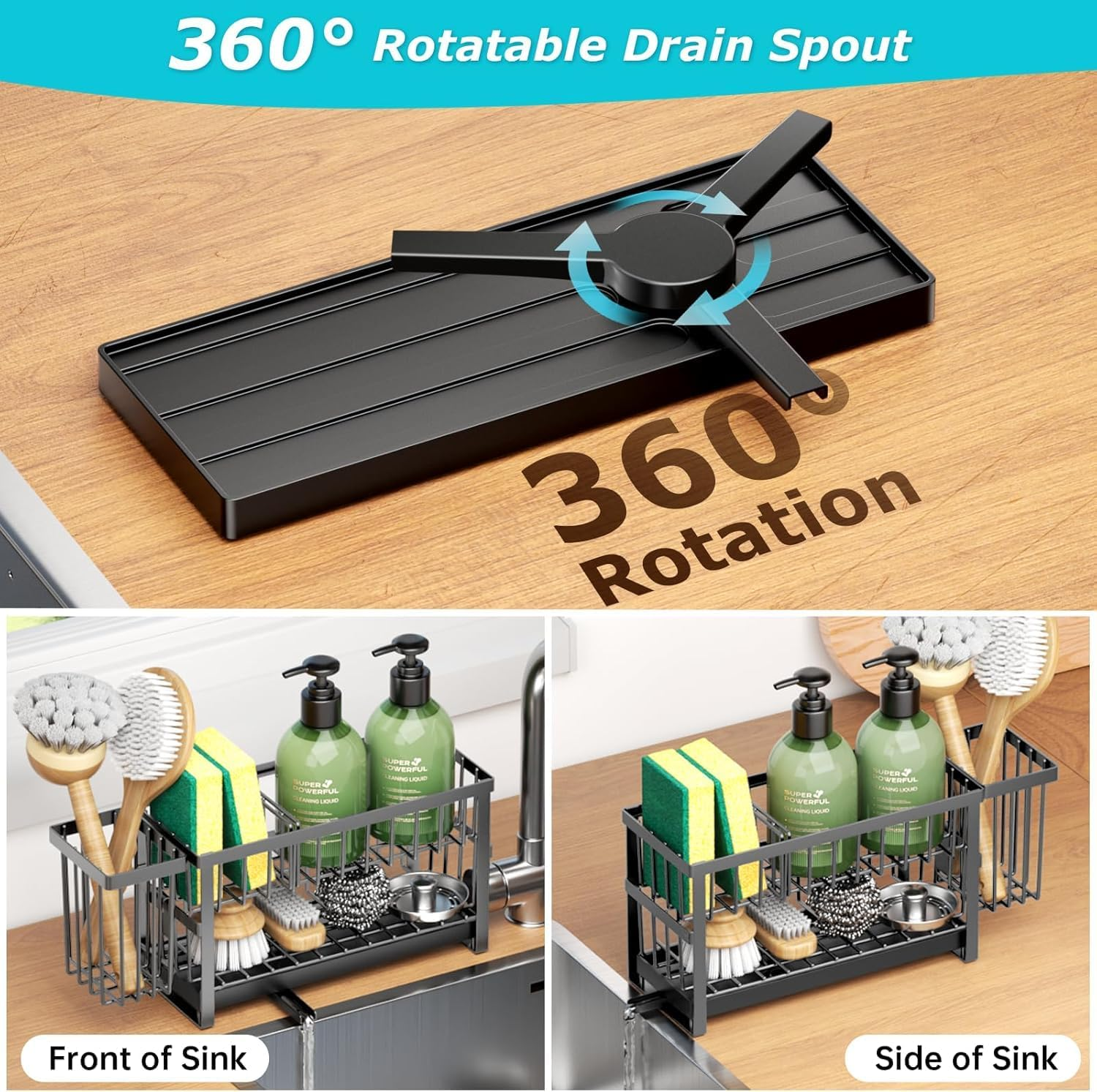 Rustproof Stainless Steel 2-Tier Sponge Holder for Kitchen Sink, Dish Brush & Soap Storage Organizer with 360&deg; Drain Tray - Countertop Sink Caddy Set image number 2